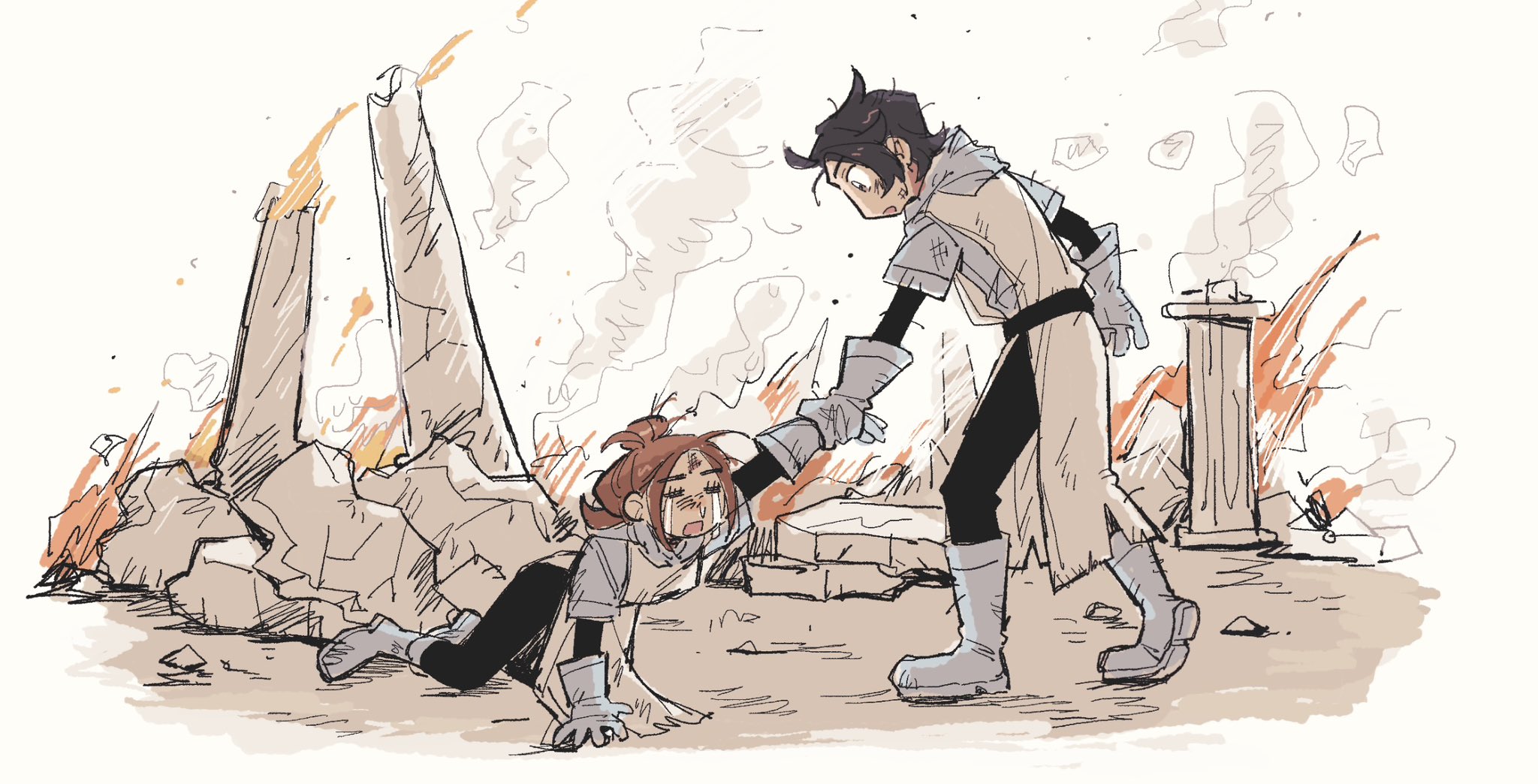 desegnajo649, team plasma grunt, nintendo, pokemon, pokemon bw, highres, 1boy, 1girl, after battle, black hair, black pants, black shirt, blue boots, blue gloves, blue tunic, boots, border, brown hair, closed eyes, crying, defeat, dirty, dirty clothes, dirty face, embers, facing another, fire, gloves, grey eyes, hair slicked back, hand grab, hand on ground, injury, kneeling, long sleeves, looking at another, looking down, offering hand, on ground, open mouth, outdoors, pants, parted hair, partially colored, pillar, ponytail, reaching, reaching towards another, rubble, shirt, smoke, streaming tears, team plasma uniform, tears, torn clothes, torn coat, torn shirt, torn tunic, tunic, white border, white tunic