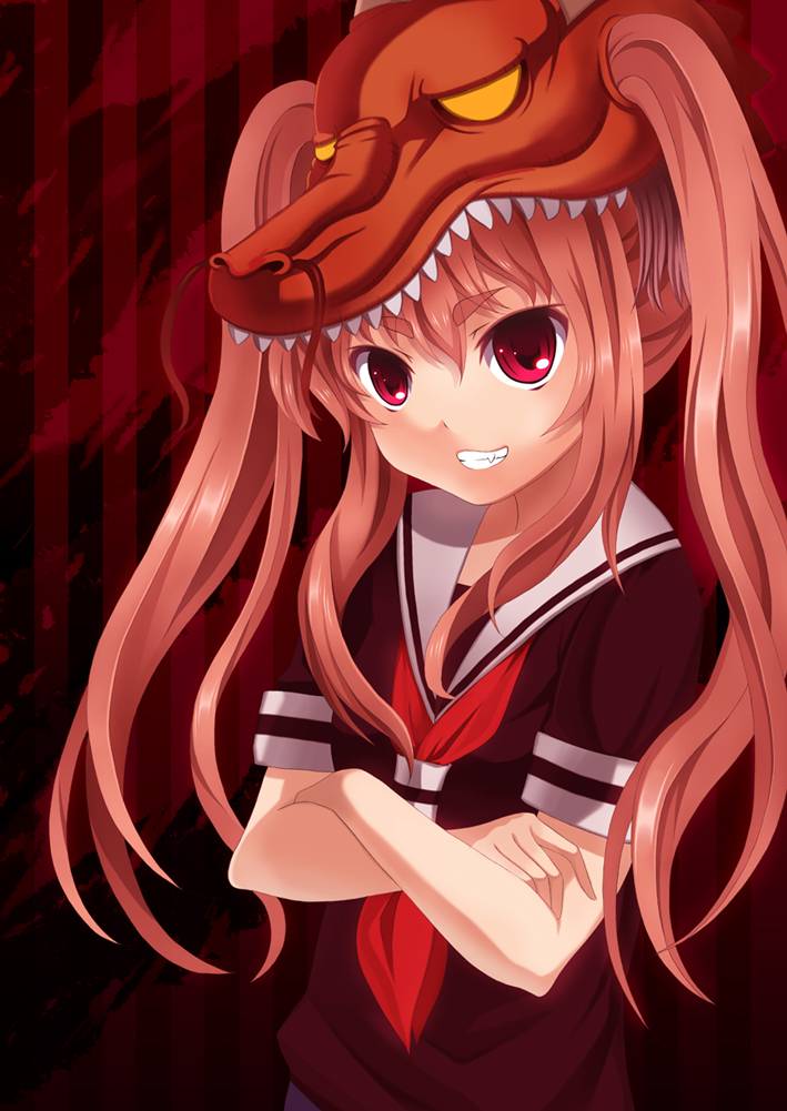 laco soregashi, original, bad id, bad pixiv id, 1girl, crossed arms, female focus, long hair, pink hair, red eyes, school uniform, serafuku, solo, twintails