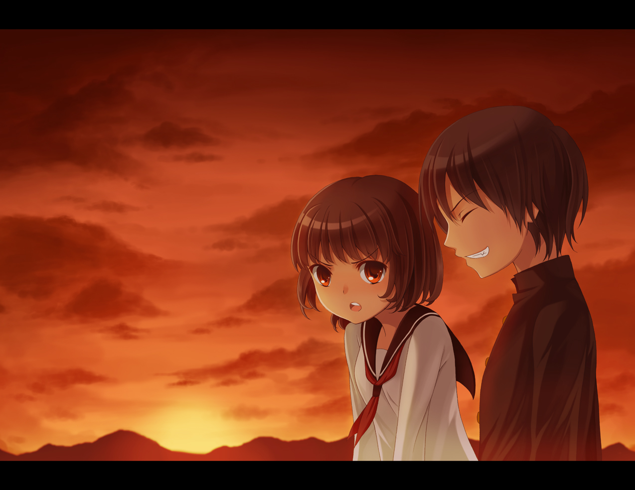 laco soregashi, original, bad id, bad pixiv id, brown eyes, brown hair, closed eyes, letterboxed, school uniform, serafuku, short hair, sky, sunset