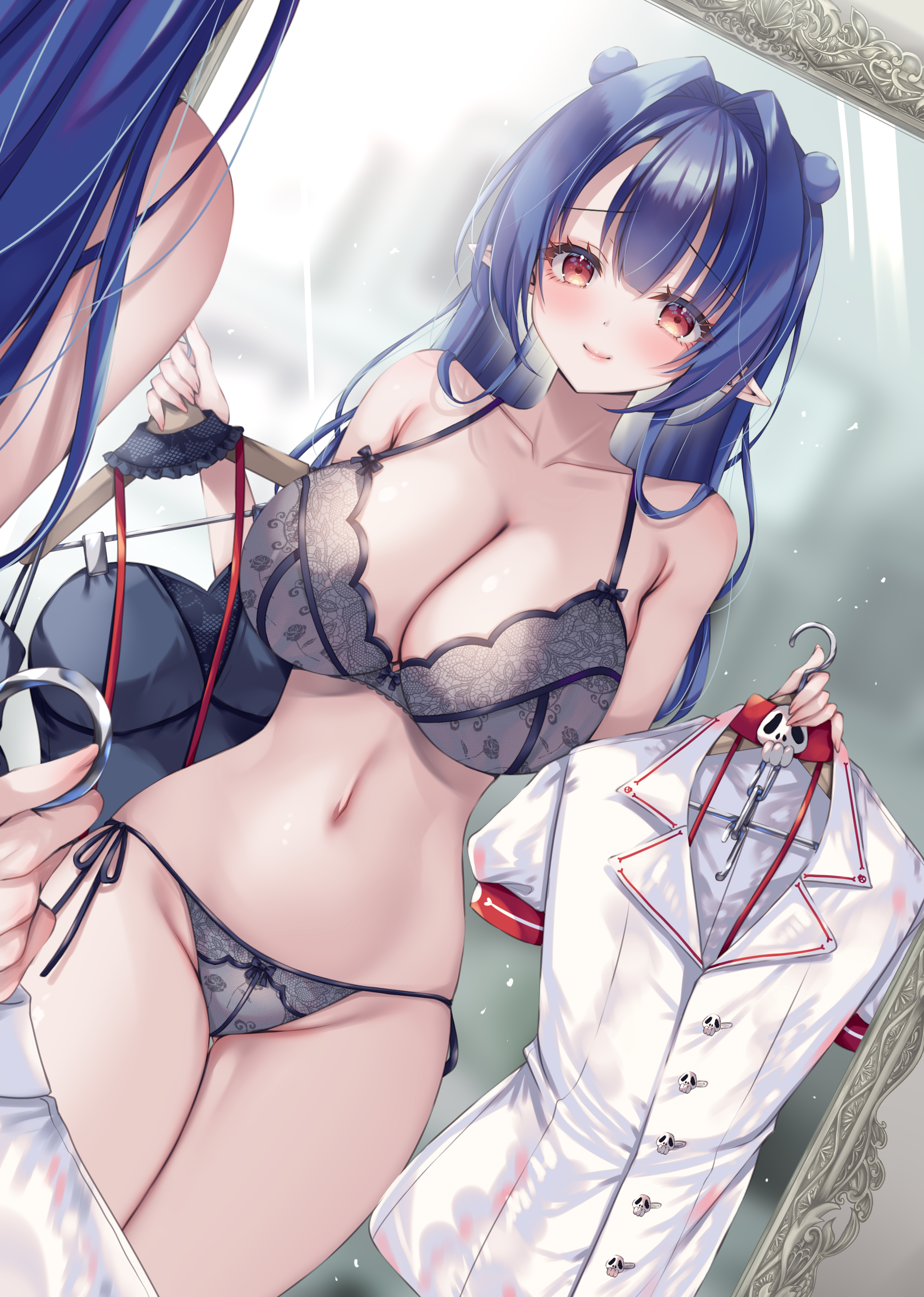 mitsuki tsumi, dizzy dokuro, phase connect, absurdres, commentary, commission, highres, second-party source, skeb commission, 1girl, blue hair, bra, breasts, brown eyes, cleavage, closed mouth, collarbone, double bun, grey bra, grey panties, hair bun, hair intakes, holding, holding unworn clothes, long hair, mirror, navel, panties, pointy ears, reflection, smile, solo, underwear, virtual youtuber