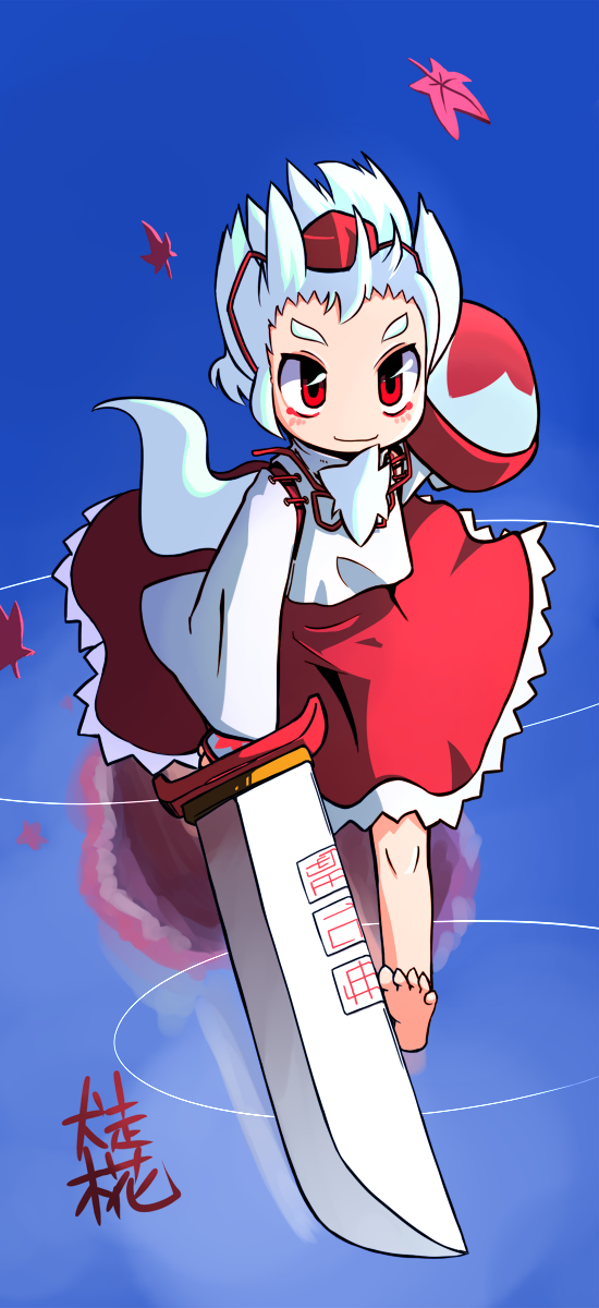 ugif, inubashiri momiji, touhou, highres, long image, tall image, 1girl, barefoot, chibi, feet, female focus, full body, hat, leaf, maple leaf, red eyes, reflection, shield, short hair, solo, sword, tokin hat, water, weapon, white hair