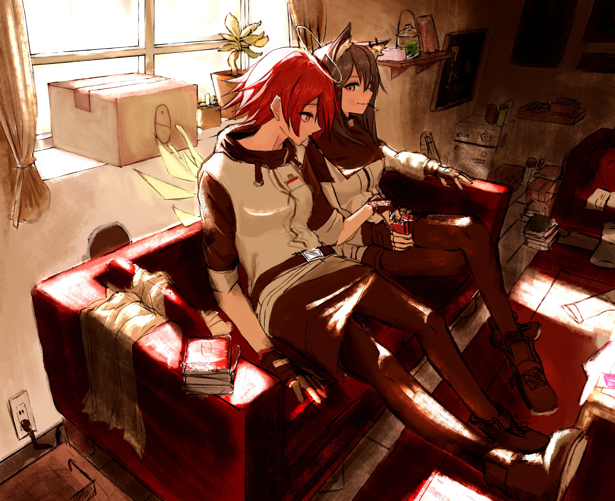 gobii, exusiai (arknights), texas (arknights), arknights, commentary, highres, 2girls, animal ear fluff, animal ear piercing, black gloves, black pantyhose, black shoes, black shorts, book, breasts, cardboard, couch, crossed legs, energy wings, fingerless gloves, food, food in mouth, gloves, halo, jacket, medium breasts, multiple girls, orange eyes, pantyhose, pantyhose under shorts, penguin logistics logo, plant, pocky, pocky in mouth, potted plant, red hair, refrigerator, shoes, shorts, sitting, three-quarter sleeves, white jacket