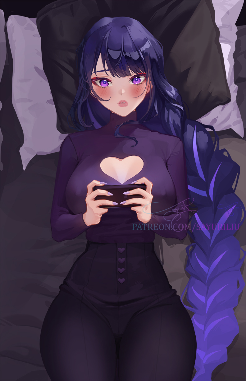 sayuri watanabe, raiden shogun, genshin impact, commentary request, highres, 1girl, alternate costume, artist name, blue pupils, blunt bangs, blush, braid, breasts, cellphone, center opening, clothing cutout, covered erect nipples, embarrassed, eyeliner, gradient hair, heart cutout, holding, holding phone, indoors, large breasts, long braid, long sleeves, looking up, lying, makeup, mole, mole under eye, multicolored eyes, multicolored hair, on back, on bed, pants, parted lips, phone, pillow, pink lips, puffy nipples, purple eyes, purple hair, red eyeliner, shade, shy, single braid, smartphone, solo, streaked hair, thick lips, watermark