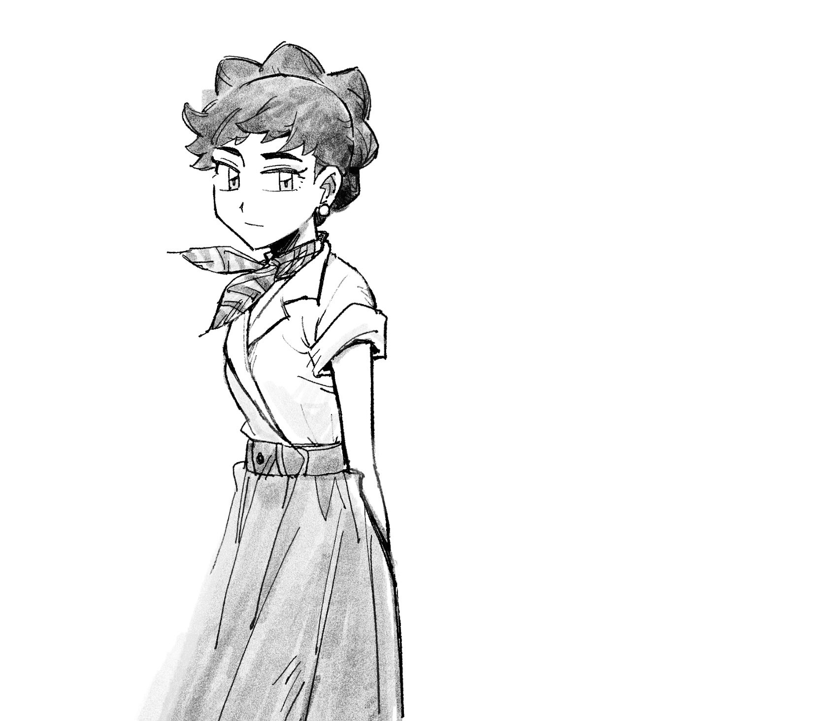 desegnajo649, diantha (pokemon), nintendo, pokemon, pokemon xy, highres, 1girl, arms behind back, black hair, black skirt, collared shirt, cowboy shot, dress shirt, earrings, facing to the side, grey eyes, grey neckerchief, jewelry, long skirt, looking to the side, monochrome, neckerchief, shirt, shirt tucked in, short hair, skirt, sleeves rolled up, solo, striped neckerchief, stud earrings, turning head, white background, white shirt