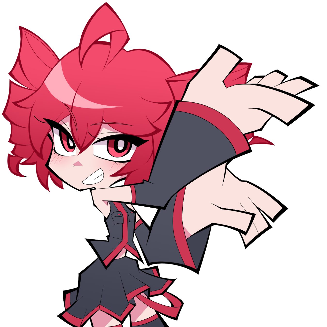 okitya, kasane teto, kasane teto (utau), panty & stocking with garterbelt, utau, vocaloid, commentary request, highres, 1girl, ahoge, arms up, bare shoulders, black shirt, blush, collared shirt, drill hair, grin, looking to the side, panty & stocking with garterbelt (style), red eyes, red hair, shirt, simple background, skirt, sleeveless, sleeveless shirt, smile, solo, twin drills