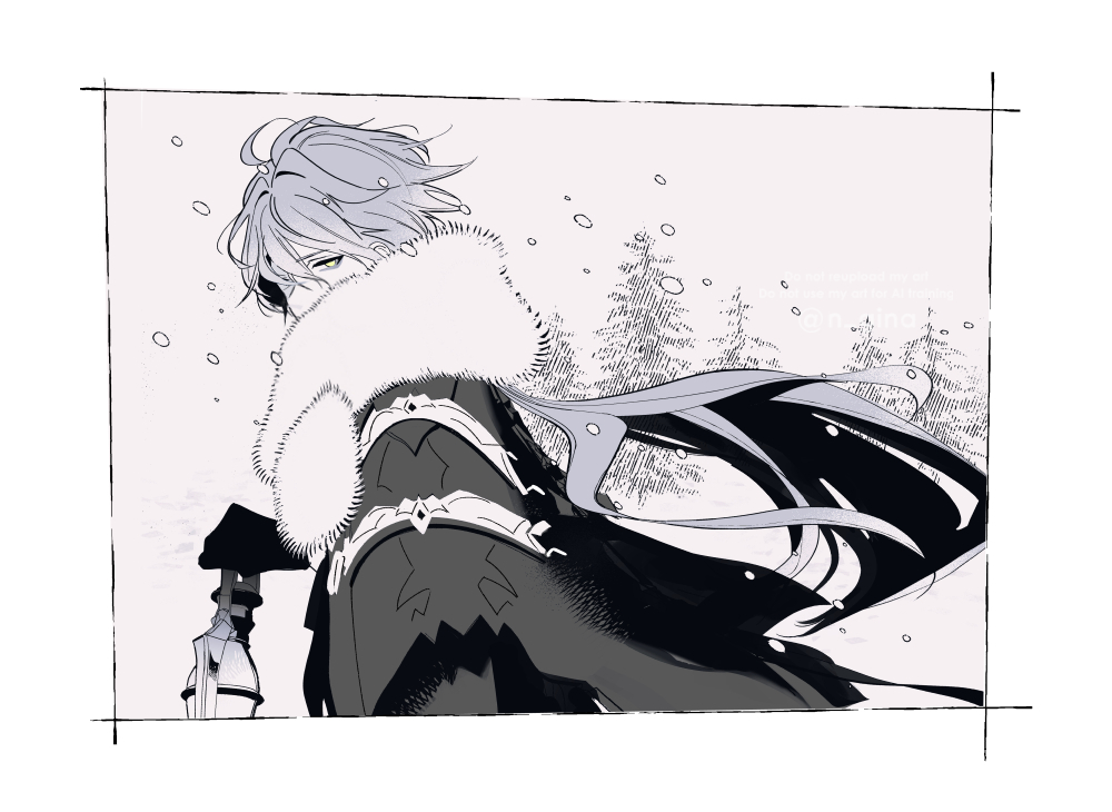 n gina, flins (genshin impact), genshin impact, commentary request, 1boy, border, capelet, covered mouth, floating hair, fur scarf, gloves, holding, holding lantern, lantern, long hair, looking back, looking to the side, male focus, outdoors, scarf, snowing, solo, tree, very long hair, winter