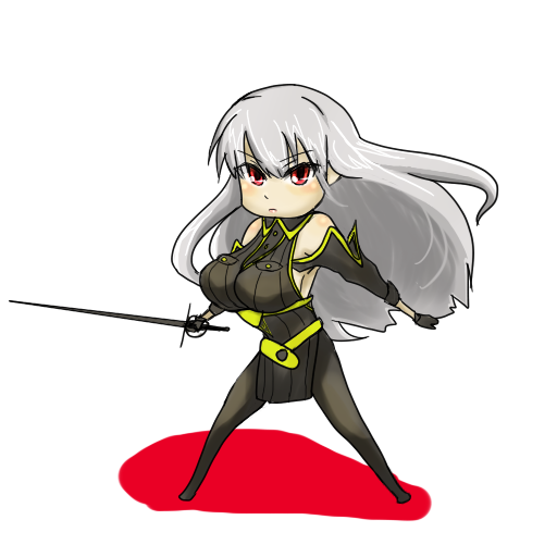 makoto (bk69and7), selvaria bles, senjou no valkyria, senjou no valkyria (series), senjou no valkyria 1, silver hair, 00s, breasts, chibi, detached sleeves, large breasts, long hair, military, military uniform, red eyes, sword, weapon