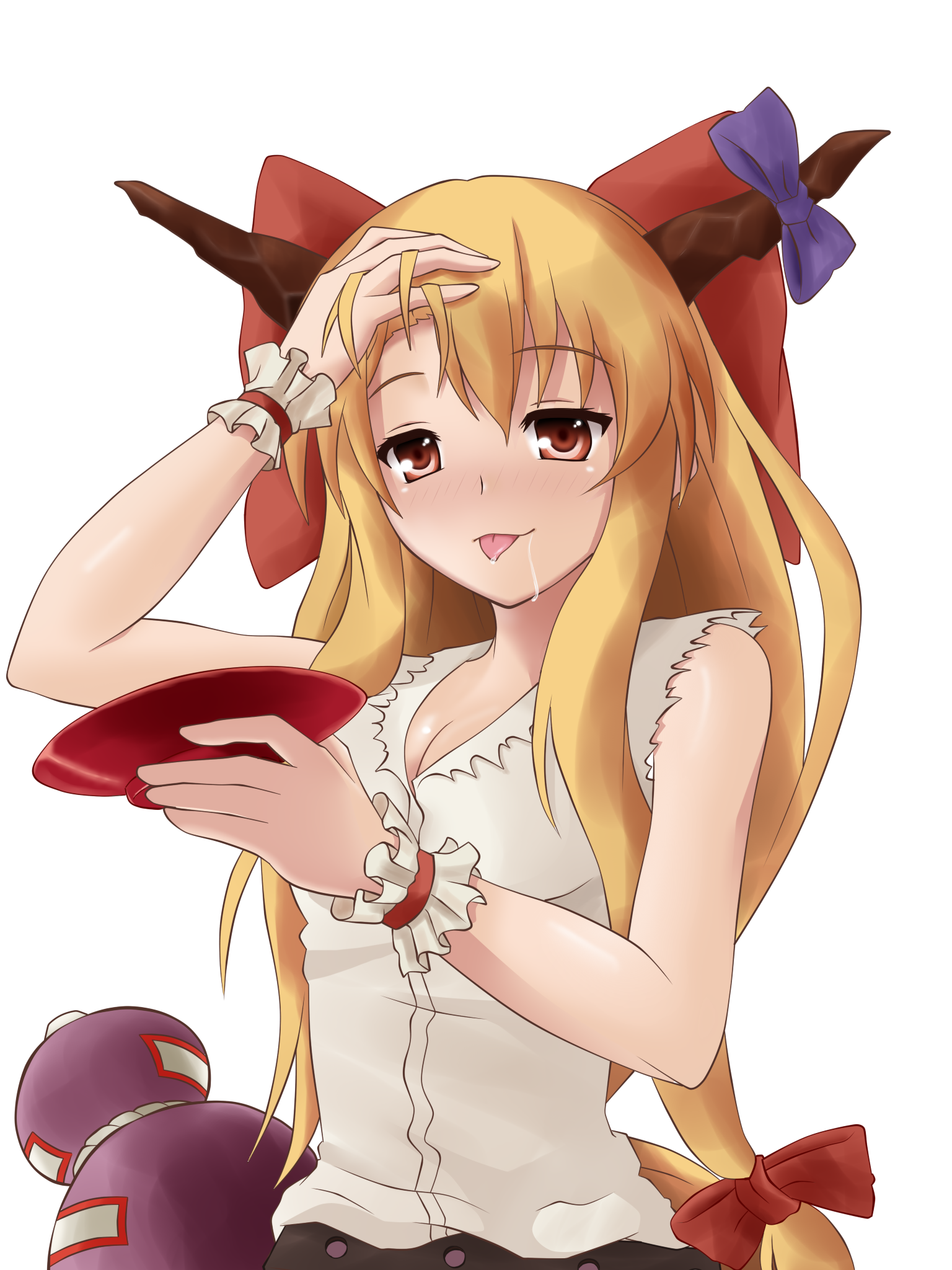 genkai madika, ibuki suika, touhou, highres, 1girl, bow, brown eyes, brown hair, female focus, gourd, hair bow, horn ornament, horn ribbon, horns, long hair, ribbon, saliva, simple background, solo, tongue, white background, wrist cuffs