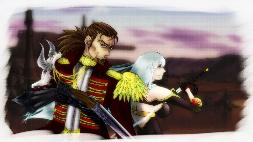 makoto (bk69and7), radi jaeger, selvaria bles, senjou no valkyria, senjou no valkyria (series), senjou no valkyria 1, silver hair, 00s, brown eyes, brown hair, dark-skinned male, dark skin, facial hair, gun, long hair, military, military uniform, red eyes, sword, weapon