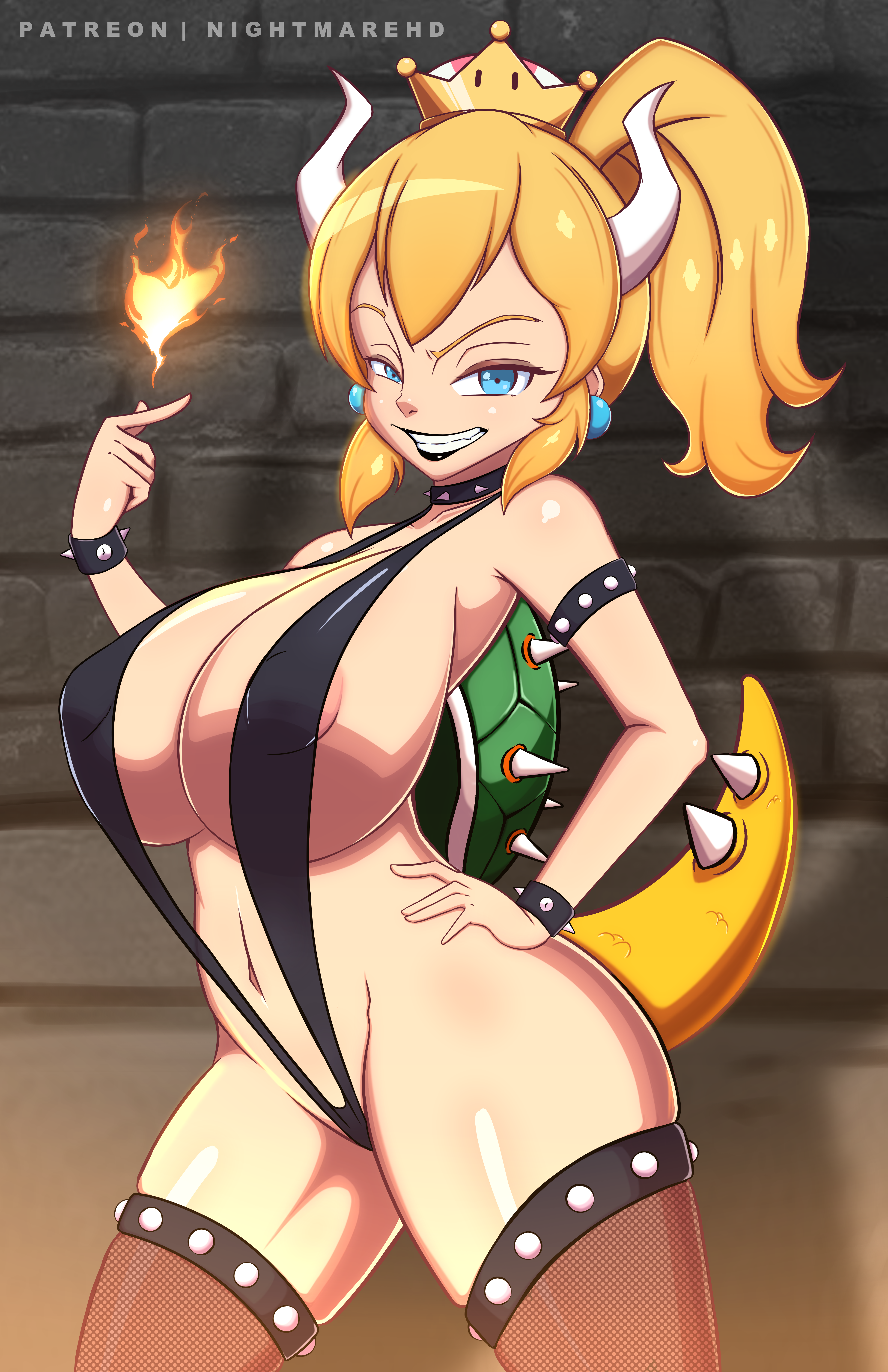 nightmare hdraw, bowsette, mario (series), nintendo, 1girl, areola slip, armlet, artist name, black collar, black lips, black one-piece swimsuit, blonde hair, blue eyes, bracelet, breasts, brown thighhighs, collar, collarbone, covered erect nipples, crown, dragon girl, dragon horns, eyelashes, feet out of frame, female focus, fire, fishnet thighhighs, fishnets, from side, grin, hand on own hip, horns, huge breasts, indoors, jewelry, lipstick, looking at viewer, looking to the side, makeup, medium hair, one-piece swimsuit, ponytail, slingshot swimsuit, smile, solo, spiked armlet, spiked bracelet, spiked collar, spiked thighlet, spikes, standing, swimsuit, tail, teeth, thighhighs, thighlet, thighs, wide hips