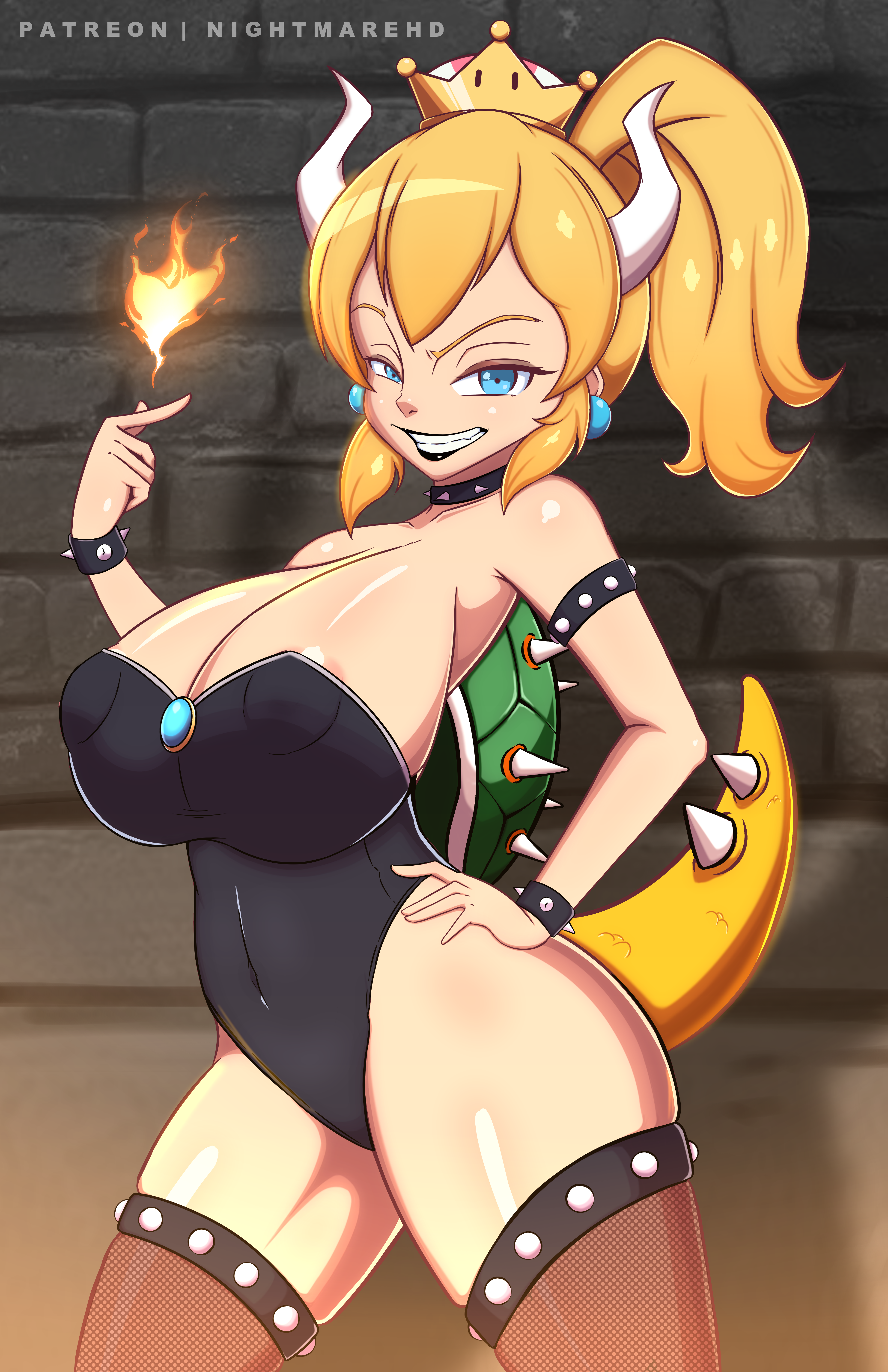 nightmare hdraw, bowsette, mario (series), nintendo, 1girl, areola slip, armlet, artist name, bare hips, bare shoulders, black collar, black leotard, black lips, blonde hair, blue eyes, bracelet, breasts, brown thighhighs, collar, collarbone, covered erect nipples, crown, dragon girl, dragon horns, eyelashes, feet out of frame, female focus, fire, fishnet thighhighs, fishnets, from side, grin, hand on own hip, horns, huge breasts, indoors, jewelry, leotard, lipstick, looking at viewer, looking to the side, makeup, medium hair, ponytail, smile, solo, spiked armlet, spiked bracelet, spiked collar, spiked thighlet, spikes, standing, strapless, strapless leotard, tail, teeth, thighhighs, thighlet, thighs, wide hips