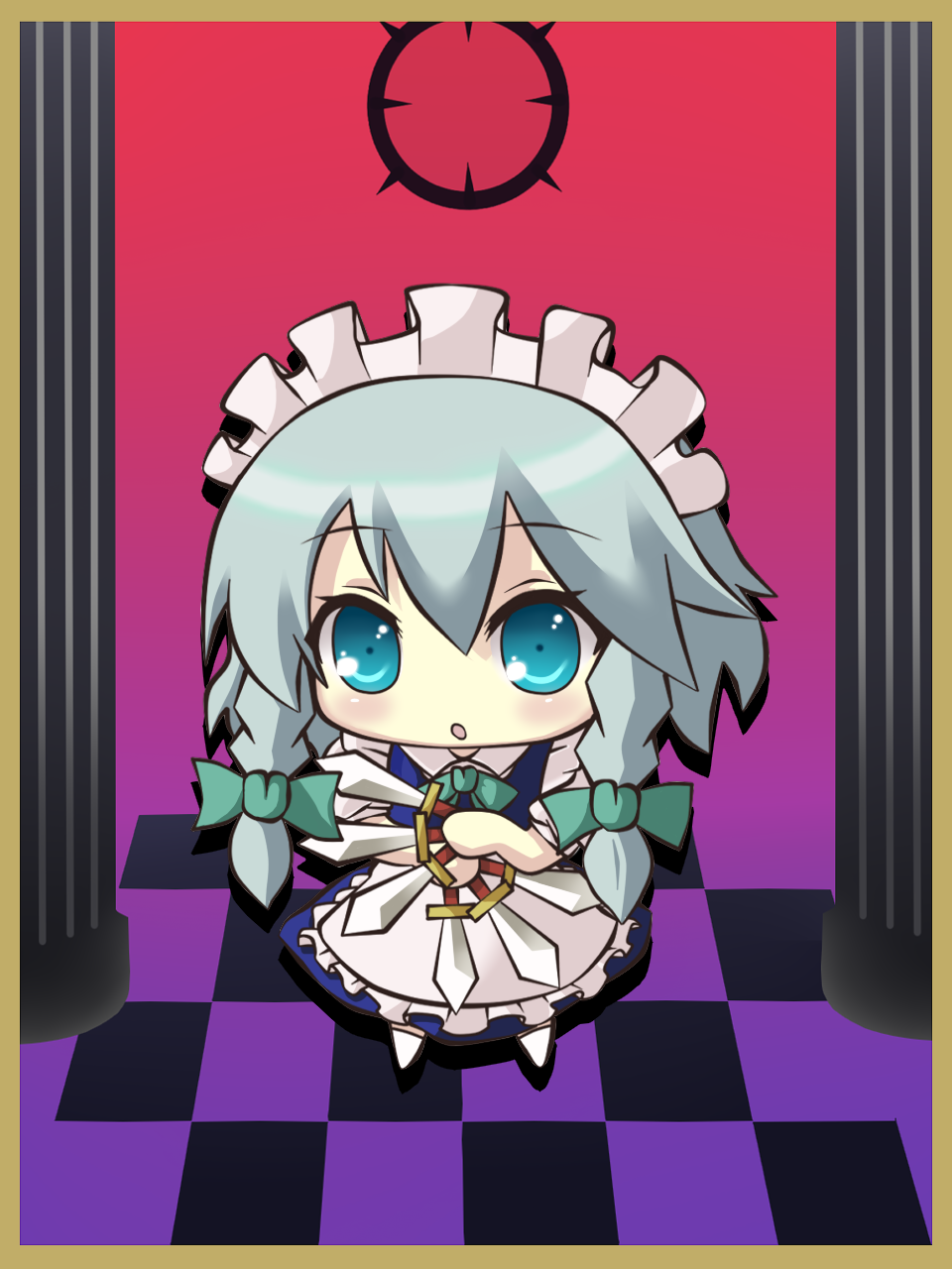 genkai madika, izayoi sakuya, touhou, silver hair, highres, 1girl, blue eyes, bow, braid, chibi, female focus, full body, hair bow, knife, maid, short hair, solo, throwing knife, twin braids, weapon