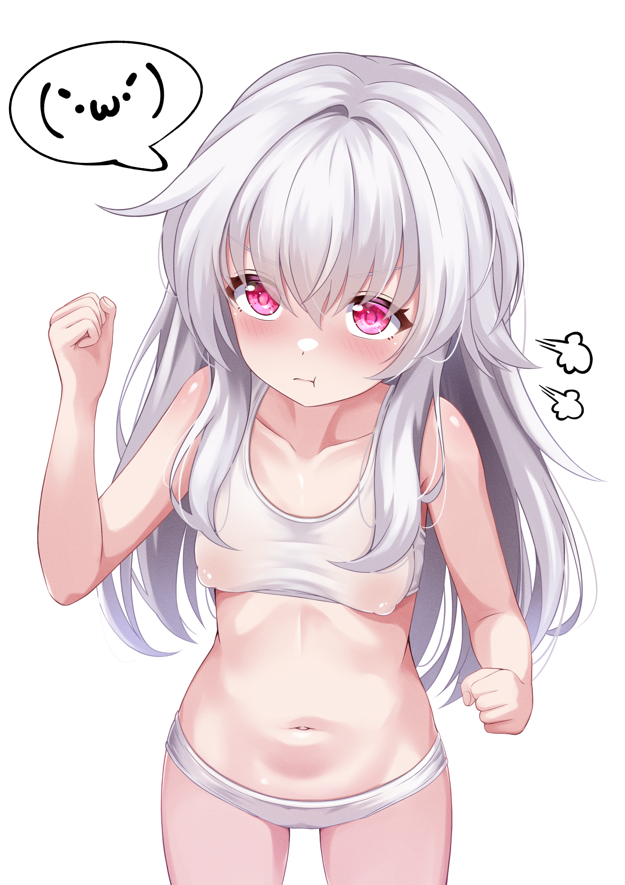 chi xiao, clara (honkai: star rail), honkai: star rail, honkai (series), highres, 1girl, blush, bra, dress, emoticon, grey hair, long hair, long sleeves, looking at viewer, navel, panties, pink eyes, simple background, solo, underwear, white background, white dress