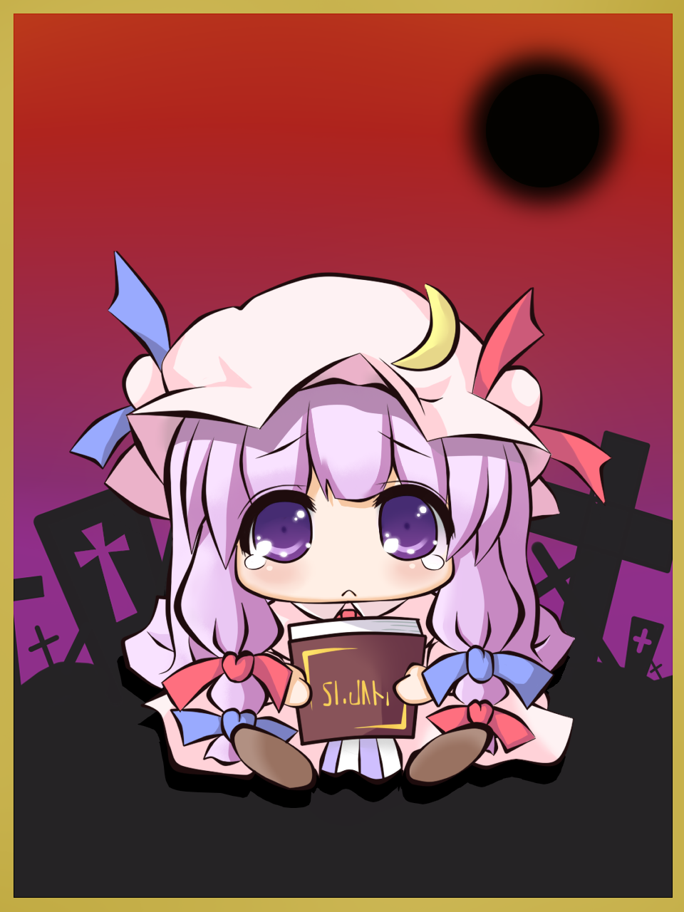 genkai madika, patchouli knowledge, touhou, highres, 1girl, book, bow, chibi, female focus, full body, hair bow, hat, long hair, multiple hair bows, outdoors, purple eyes, purple hair, sad, sky, solo, tears