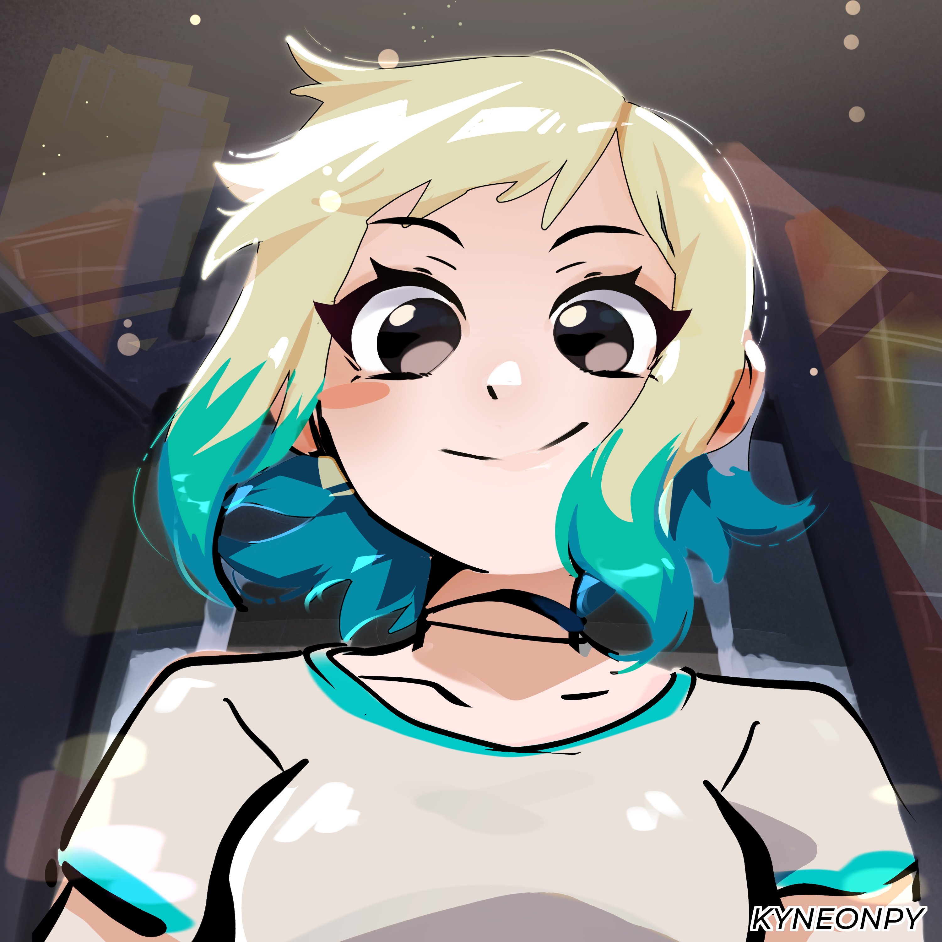 kyneonpy, ramona flowers, scott pilgrim (series), scott pilgrim takes off, absurdres, clip studio paint (medium), commentary, commission, english commentary, highres, 1girl, artist name, black eyes, blonde hair, closed mouth, colored tips, looking at viewer, looking down, multicolored hair, official style, shirt, short hair, short sleeves, smile, solo, upper body, white shirt