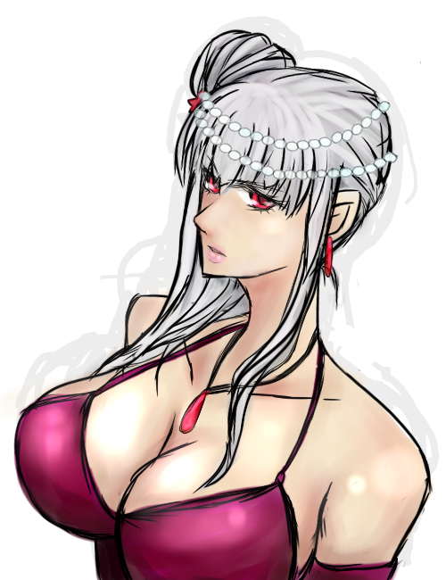 makoto (bk69and7), selvaria bles, senjou no valkyria, senjou no valkyria (series), senjou no valkyria 1, silver hair, 00s, breasts, cleavage, dress, earrings, formal clothes, hair ornament, jewelry, large breasts, long hair, necklace, red eyes