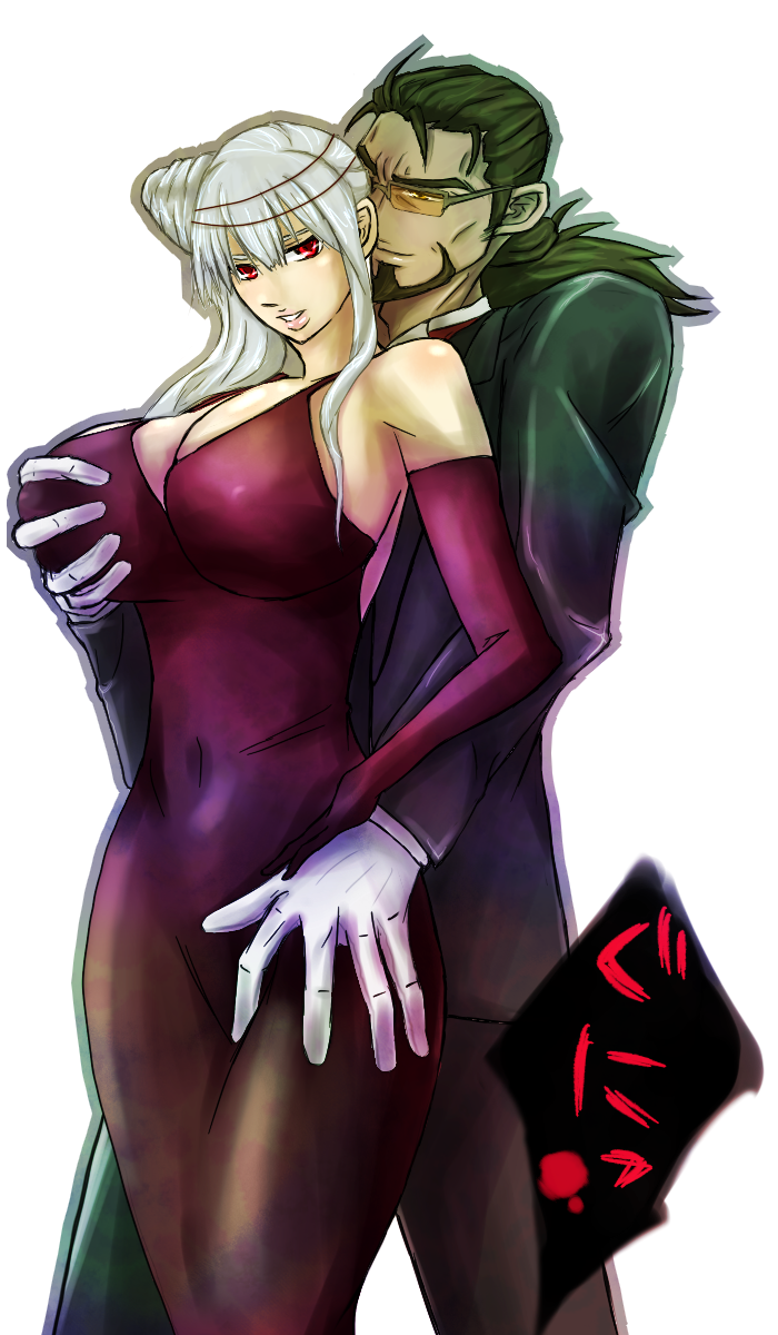 makoto (bk69and7), radi jaeger, selvaria bles, senjou no valkyria, senjou no valkyria (series), senjou no valkyria 1, silver hair, highres, 00s, beard, breasts, breasts squeezed together, brown hair, cleavage, dark-skinned male, dark skin, dress, elbow gloves, facial hair, formal clothes, glasses, gloves, large breasts, long hair, red eyes, suit