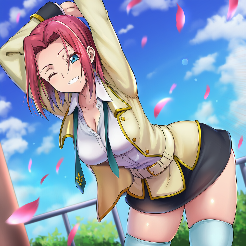okasa re taii, kouzuki kallen, code geass, commentary request, 1girl, arms up, ashford academy school uniform, belt, blue eyes, blue sky, breasts, cleavage, cloud, fence, large breasts, looking at viewer, necktie, one eye closed, petals, purple hair, school uniform, shirt, short hair, sky, smile, solo, thighhighs, thighs, unbuttoned, undone necktie, upper body, white shirt, white thighhighs