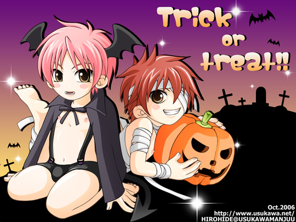 hirohide, hiro (usukawa), 2boys, blush, chibi, child, cross, fangs, graveyard, halloween, male focus, multiple boys, pink hair, pumpkin, ribbon, smile, topless male, vampire, wings