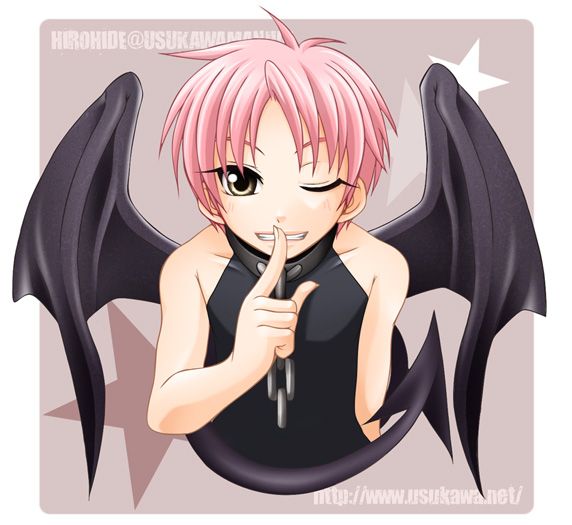 hirohide, hiro (usukawa), blush, chain, child, collar, pink hair, smile, tail, wings, wink
