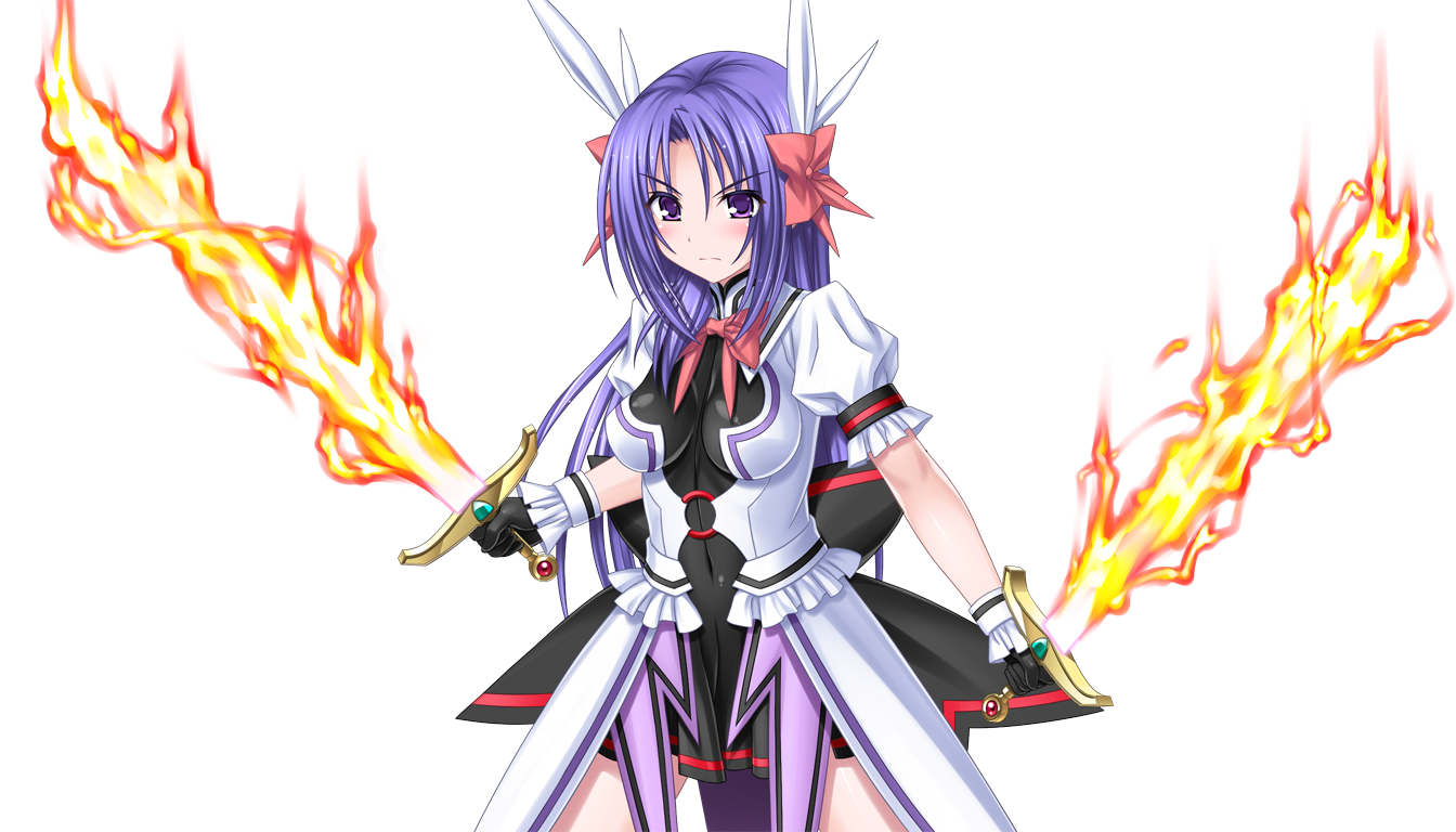 higuchi isami, murakami shizuru, mahou shoujo sae, game cg, large variant set, non-web source, official art, variant set, 1girl, blush, bow, breasts, dual wielding, fire, gloves, hair bow, hair ornament, holding, holding sword, holding weapon, long hair, looking at viewer, magical girl, purple eyes, purple hair, ribbon, short sleeves, solo, sword, transparent background, weapon