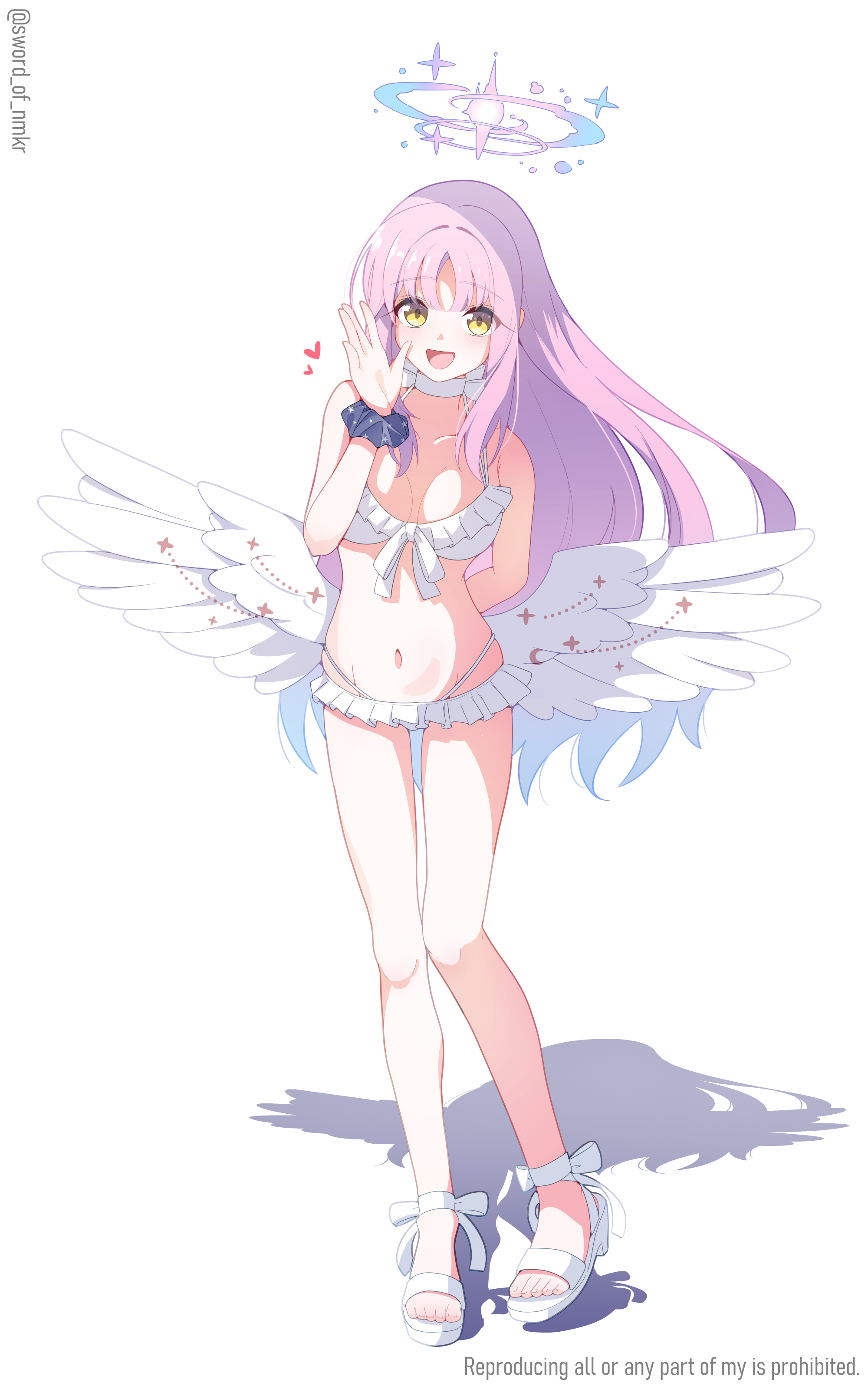 murasame (sword of nmkr), mika (blue archive), mika (swimsuit) (blue archive), blue archive, absurdres, commentary request, highres, 1girl, :d, arm behind back, bare shoulders, bikini, blue hair, blue scrunchie, breasts, breasts apart, feathered wings, gradient hair, halo, hand up, long hair, looking at viewer, low wings, multicolored hair, navel, official alternate costume, open mouth, pink hair, pink halo, sandals, scrunchie, shadow, smile, solo, stomach, swimsuit, very long hair, white background, white bikini, white wings, wings, wrist scrunchie