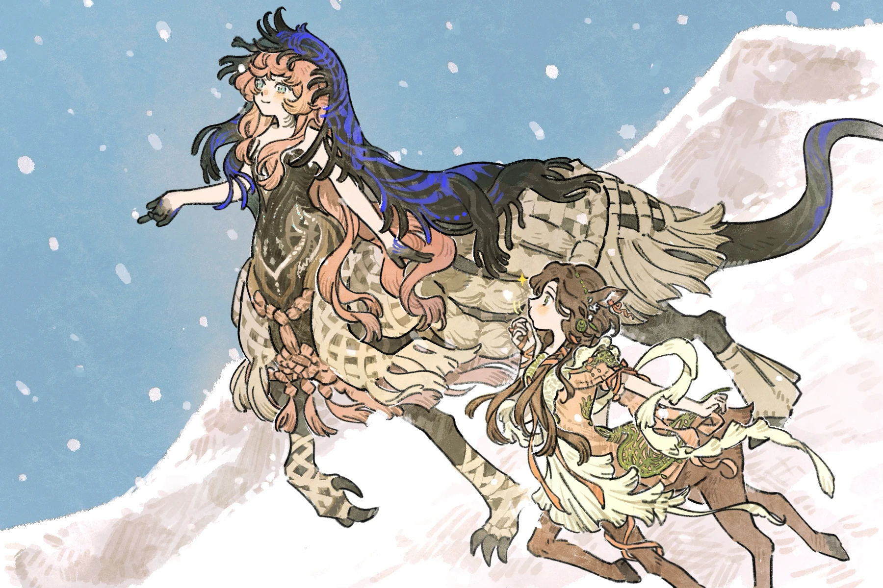 jessica (reverse:1999), jessica (the sound of paradise) (reverse:1999), nautika (reverse:1999), reverse:1999, highres, official art, 2girls, animal ears, bare arms, black dress, black hands, black tail, black veil, blue eyes, blue sky, blue veil, brown hair, centauroid, chimera, colored extremities, deer ears, deer girl, deer tail, dress, from side, hair ribbon, hand up, long hair, monster girl, mountain, multiple girls, official alternate costume, outdoors, pink dress, pink hair, pink ribbon, profile, ribbon, sky, smile, snow, snowing, sparkle, strapless, strapless dress, tail, talons, taur, two-tone veil, veil