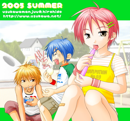 hirohide, hiro (usukawa), > <, 2boys, blonde hair, blue hair, blush, closed eyes, crossdressing, crossdressing (mtf), fangs, hair ornament, licking, male focus, multiple boys, onion, open mouth, pink hair, plaster, shota, smirk, trap, yaoi