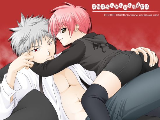 hirohide, hiro (usukawa), hand on ass, silver hair, 2boys, ass, child, hug, male focus, multiple boys, necktie, open clothes, open shirt, pink hair, red eyes, shirt, smile