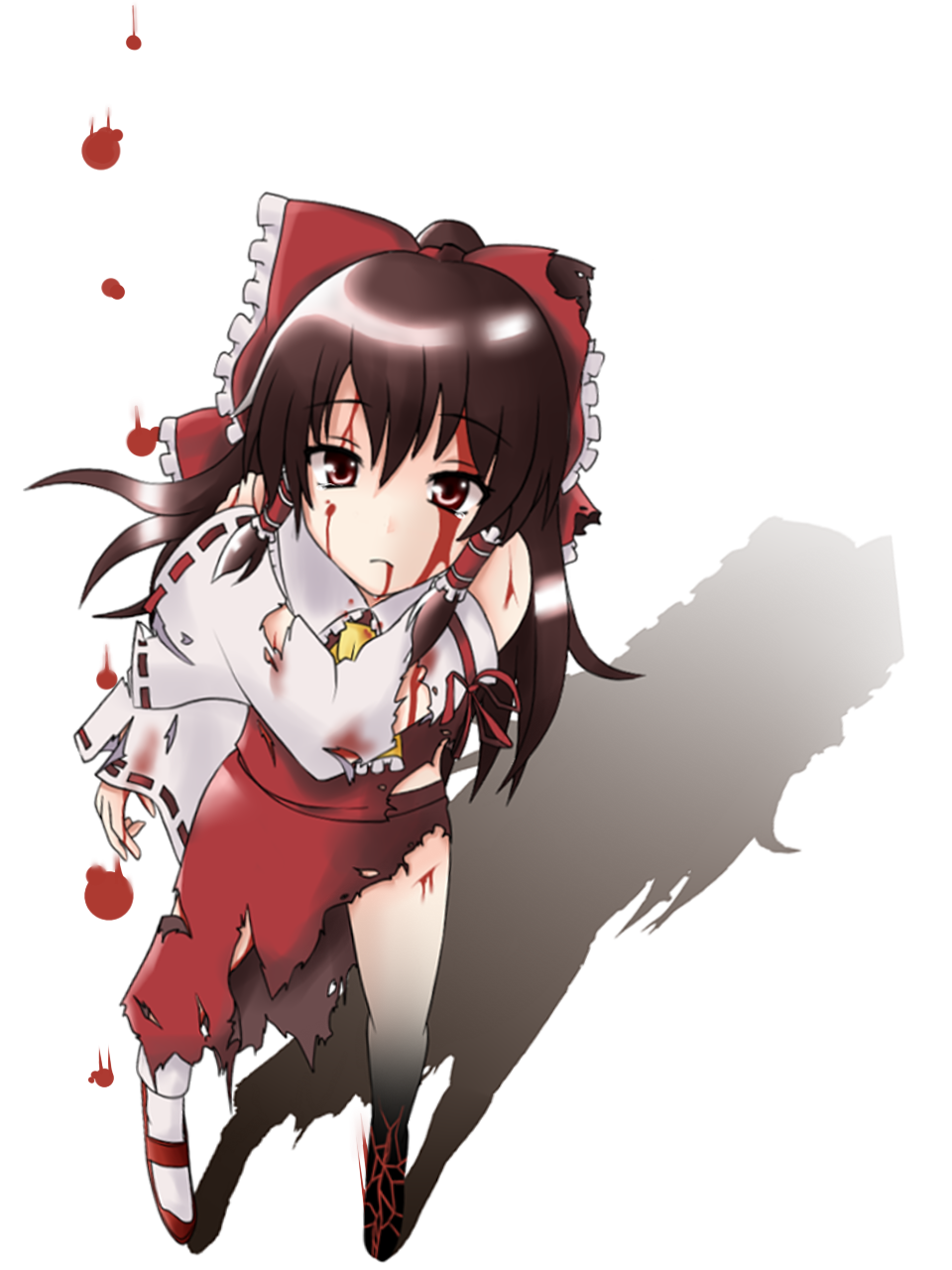 genkai madika, hakurei reimu, touhou, highres, 1girl, black hair, blood, bow, brown eyes, detached sleeves, female focus, full body, hair bow, injury, japanese clothes, miko, solo, torn clothes, white background