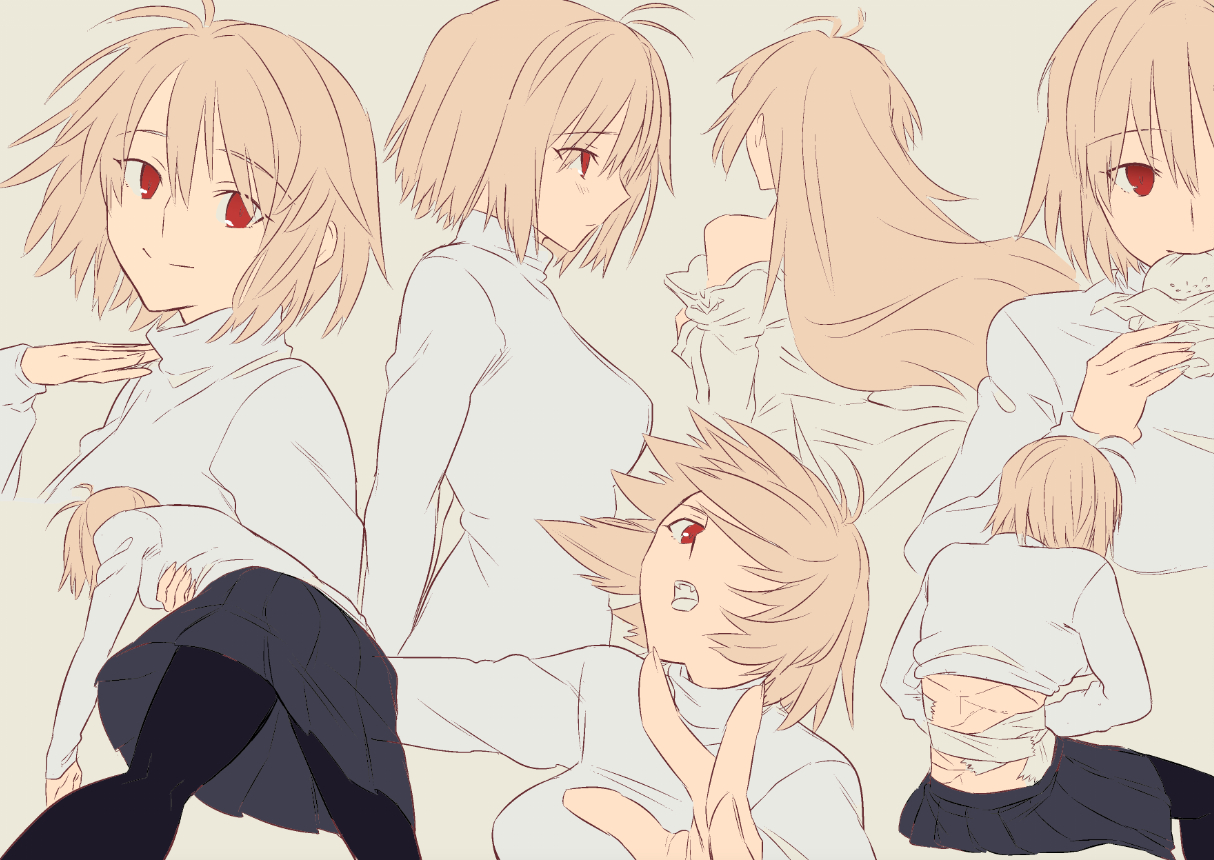 archetype earth, arcueid brunestud, tsukihime, tsukihime (remake), commentary request, 1girl, ahoge, bare shoulders, black pantyhose, blonde hair, blue skirt, blush, bound, breasts, burger, detached sleeves, duct tape, eating, floating hair, food, from below, from side, hair between eyes, hair intakes, hand on own stomach, holding, holding burger, holding food, long hair, miniskirt, pantyhose, red eyes, shoki line dot, short hair, skirt, smile, sweater, tape, tape bondage, turtleneck, turtleneck sweater, wavy hair, white sweater