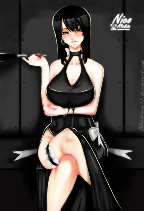 bluedemon13, nico robin, one piece, banned artist, garters, black hair, breasts, cleavage, dress