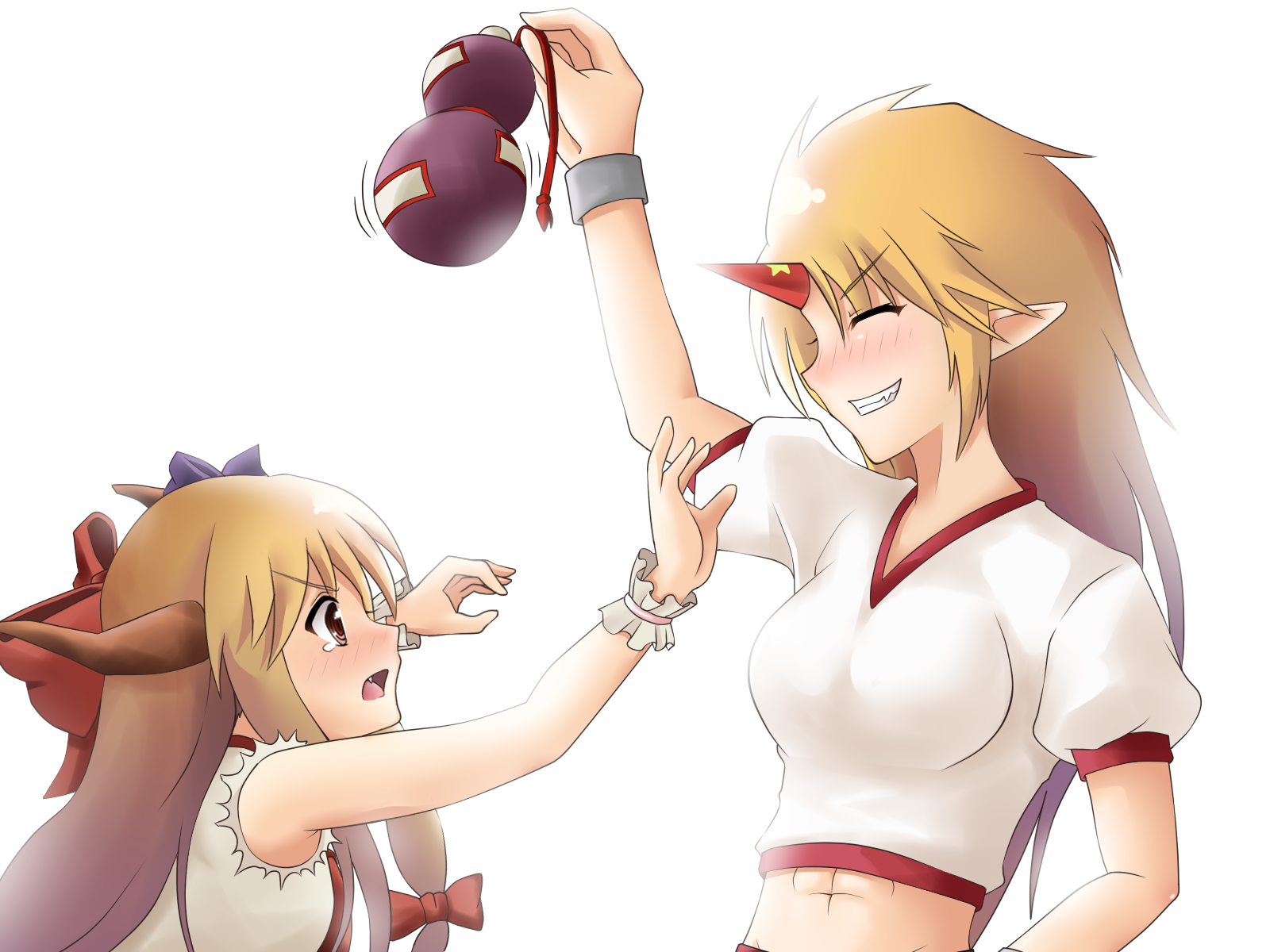 genkai madika, hoshiguma yuugi, ibuki suika, touhou, highres, 2girls, abs, blush, bow, brown eyes, brown hair, bullying, closed eyes, fang, female focus, gourd, grin, hair bow, horns, long hair, midriff, multiple girls, pointy ears, single horn, smile, tears, wrist cuffs
