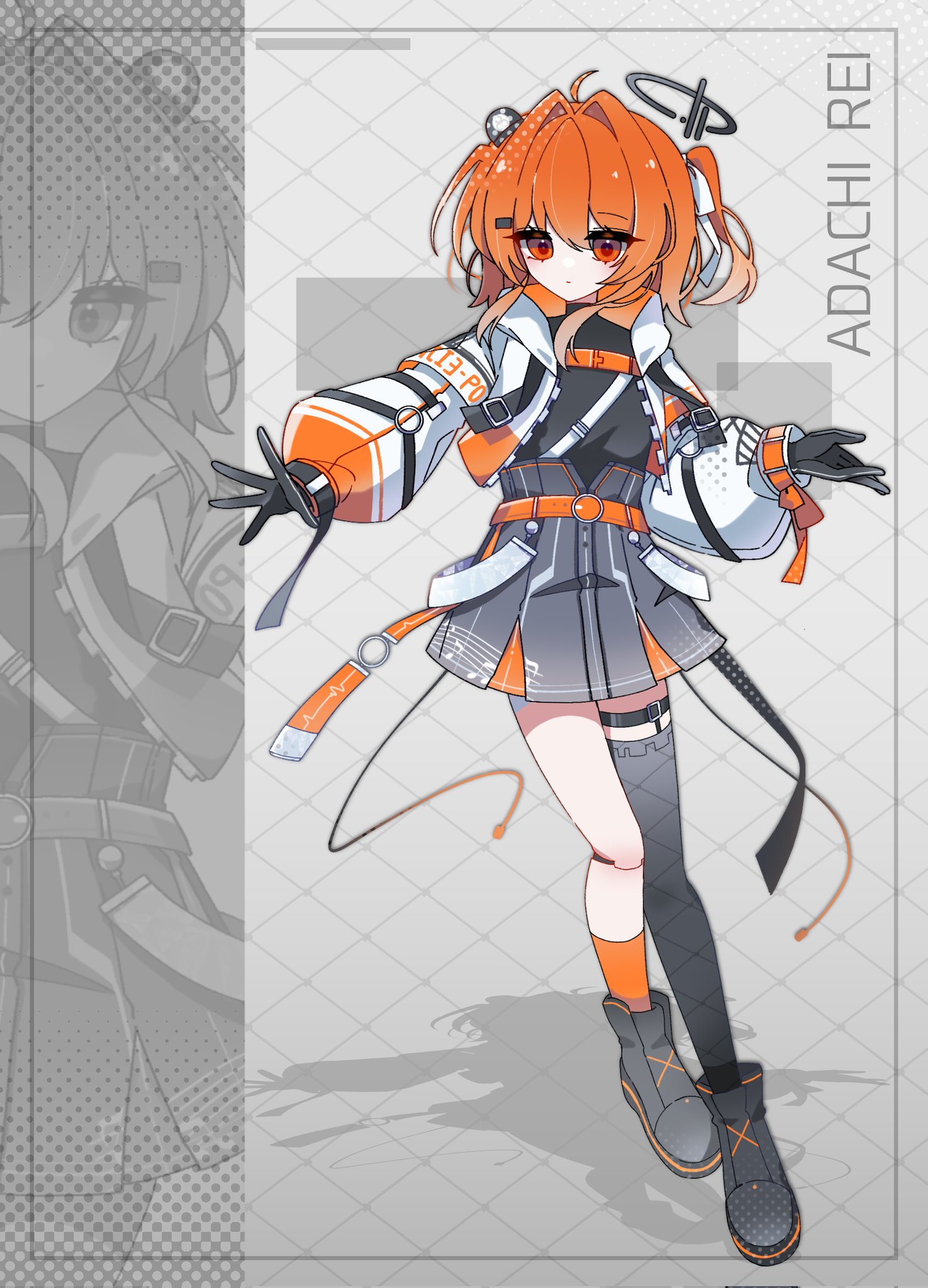 mei (meiday mise), adachi rei, a.i. voice, utau, commentary, highres, symbol-only commentary, 1girl, alternate costume, android, belt, black gloves, black shirt, boots, character name, chest belt, full body, gloves, grey skirt, jacket, joints, legwear garter, long sleeves, looking at viewer, medium hair, miniskirt, one side up, open clothes, open jacket, orange belt, orange eyes, orange hair, robot joints, shirt, single thighhigh, skirt, solo, standing, thighhighs, white jacket