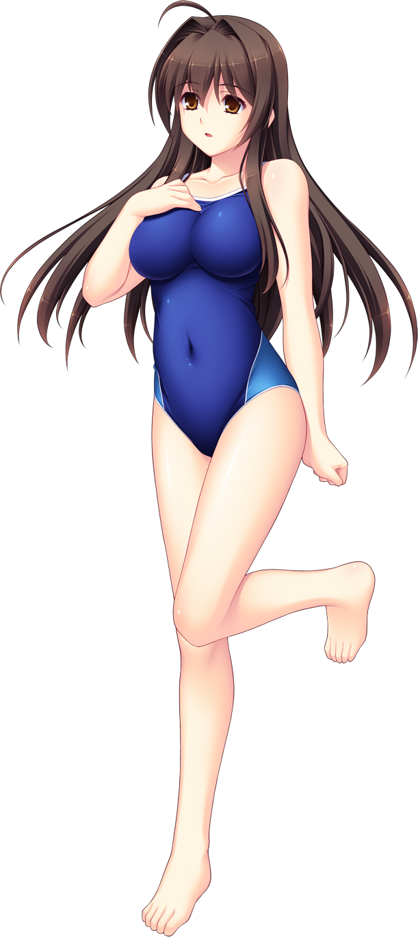 tsukumo kazuita, maishima yuri, nerawareta megami tenshi angel tear, game cg, highres, large variant set, non-web source, official art, variant set, 1girl, ahoge, barefoot, blue one-piece swimsuit, breasts, brown eyes, brown hair, clenched hand, collarbone, competition school swimsuit, competition swimsuit, covered navel, full body, hair intakes, hand on own chest, large breasts, long hair, one-piece swimsuit, open mouth, school swimsuit, solo, standing, standing on one leg, swimsuit, tachi-e, transparent background