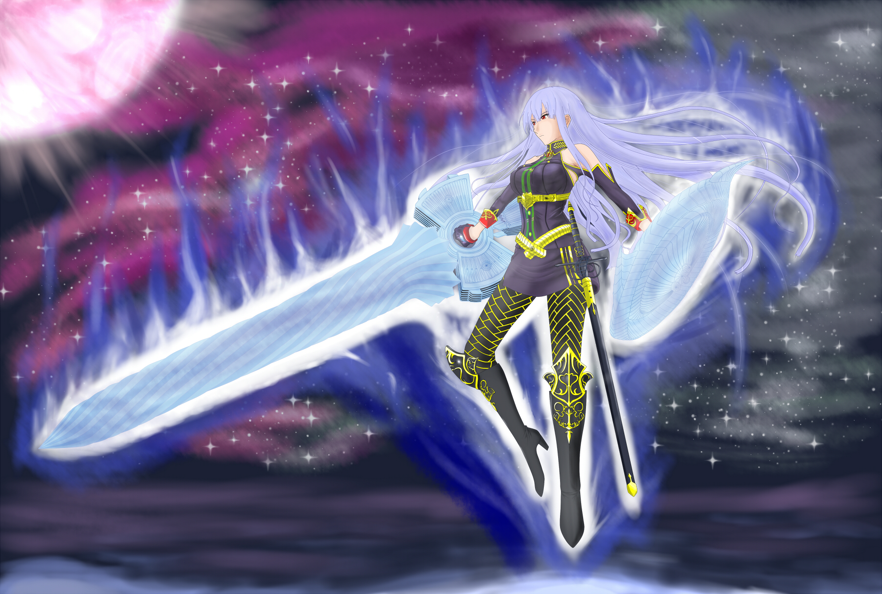 do-zan, selvaria bles, senjou no valkyria, senjou no valkyria (series), senjou no valkyria 1, silver hair, highres, 00s, 1girl, female focus, long hair, military, military uniform, night, polearm, red eyes, shield, solo, spear, star (symbol), weapon