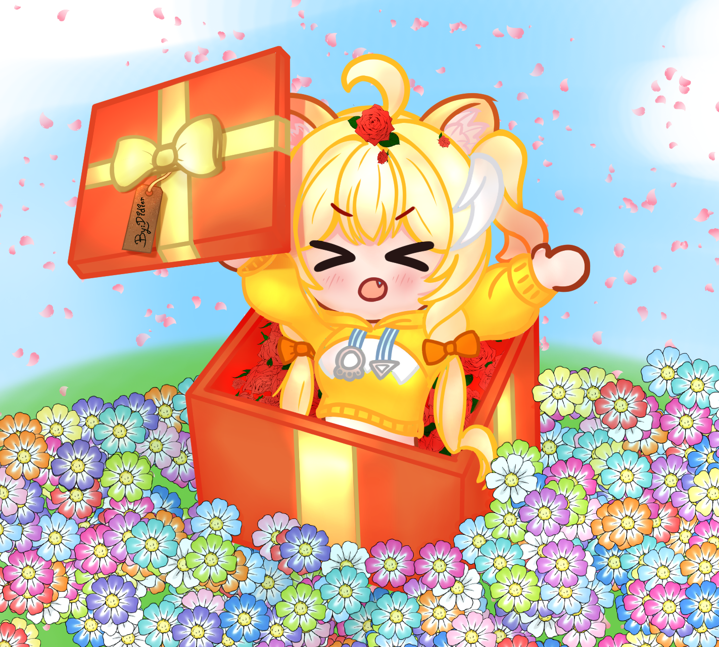 shabel tonya, chromashift, highres, self-upload, > <, 1girl, :o, ahoge, animal ears, blonde hair, box, closed eyes, cropped hoodie, didier3.00, fang, floral background, gift, gift box, hood, hoodie, in box, in container, long hair, long sleeves, open mouth, sky, solo, tiger girl, virtual youtuber