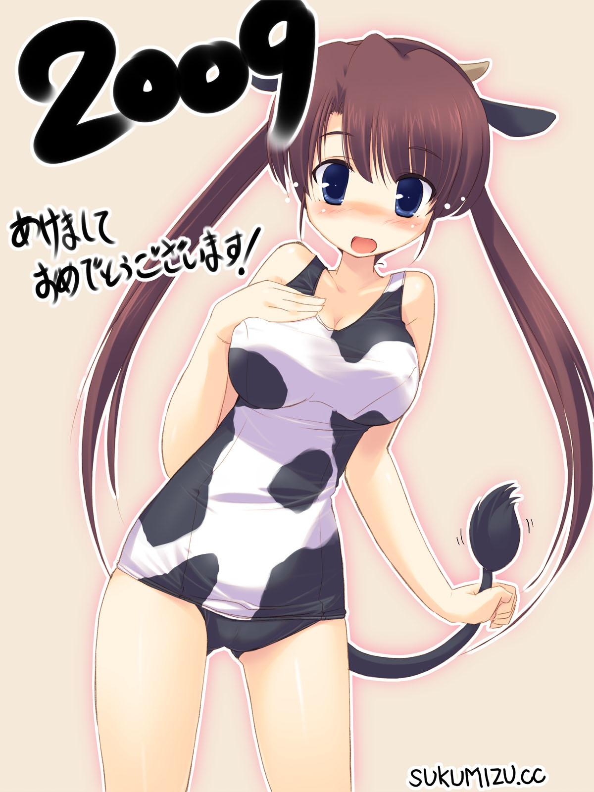 ezakishii, highres, translated, 00s, 1girl, 2009, animal print, blue eyes, blush, brown hair, cow girl, cow horns, cow print, female focus, horns, new year, one-piece swimsuit, school swimsuit, solo, surprised, swimsuit, twintails