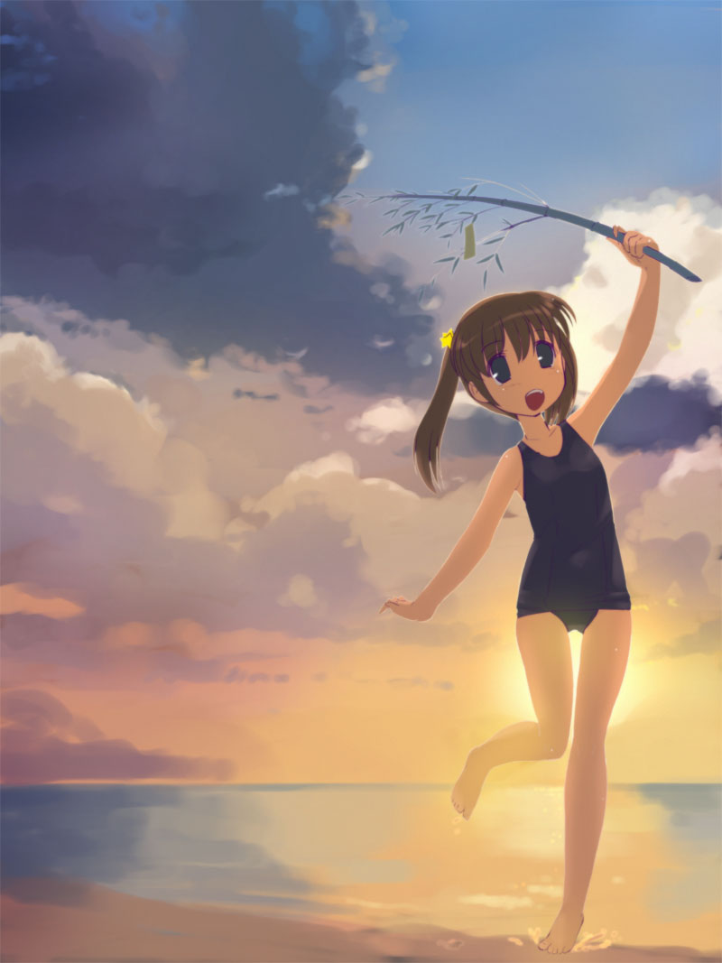 ezakishii, 1girl, barefoot, beach, blue eyes, brown hair, child, faux traditional media, female focus, flat chest, happy, one-piece swimsuit, school swimsuit, smile, solo, sunset, swimsuit, tanabata, twig, twintails, water