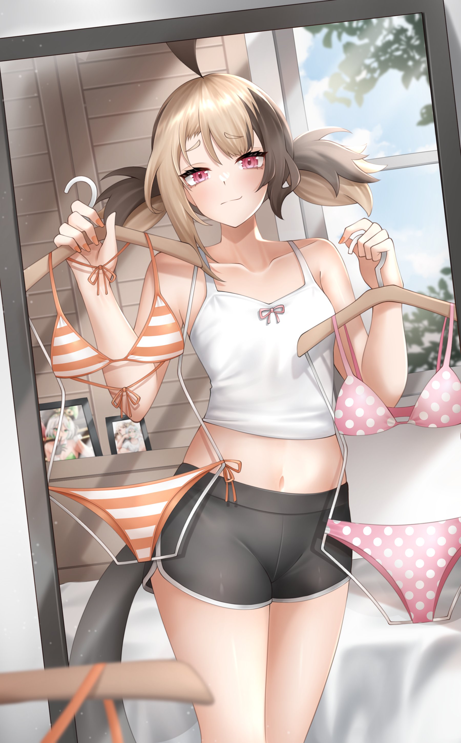 popcornflakes, gigi murin, hololive, hololive english, absurdres, commentary, english commentary, highres, 1girl, ahoge, alternate costume, bikini, black shorts, breasts, brown hair, closed mouth, clothes hanger, holding, holding clothes hanger, medium hair, multicolored hair, nail polish, orange bikini, orange nails, pink bikini, pink eyes, polka dot, polka dot bikini, shirt, shorts, small breasts, smile, solo, striped bikini, striped clothes, swimsuit, tail, two-tone hair, two side up, virtual youtuber, white shirt