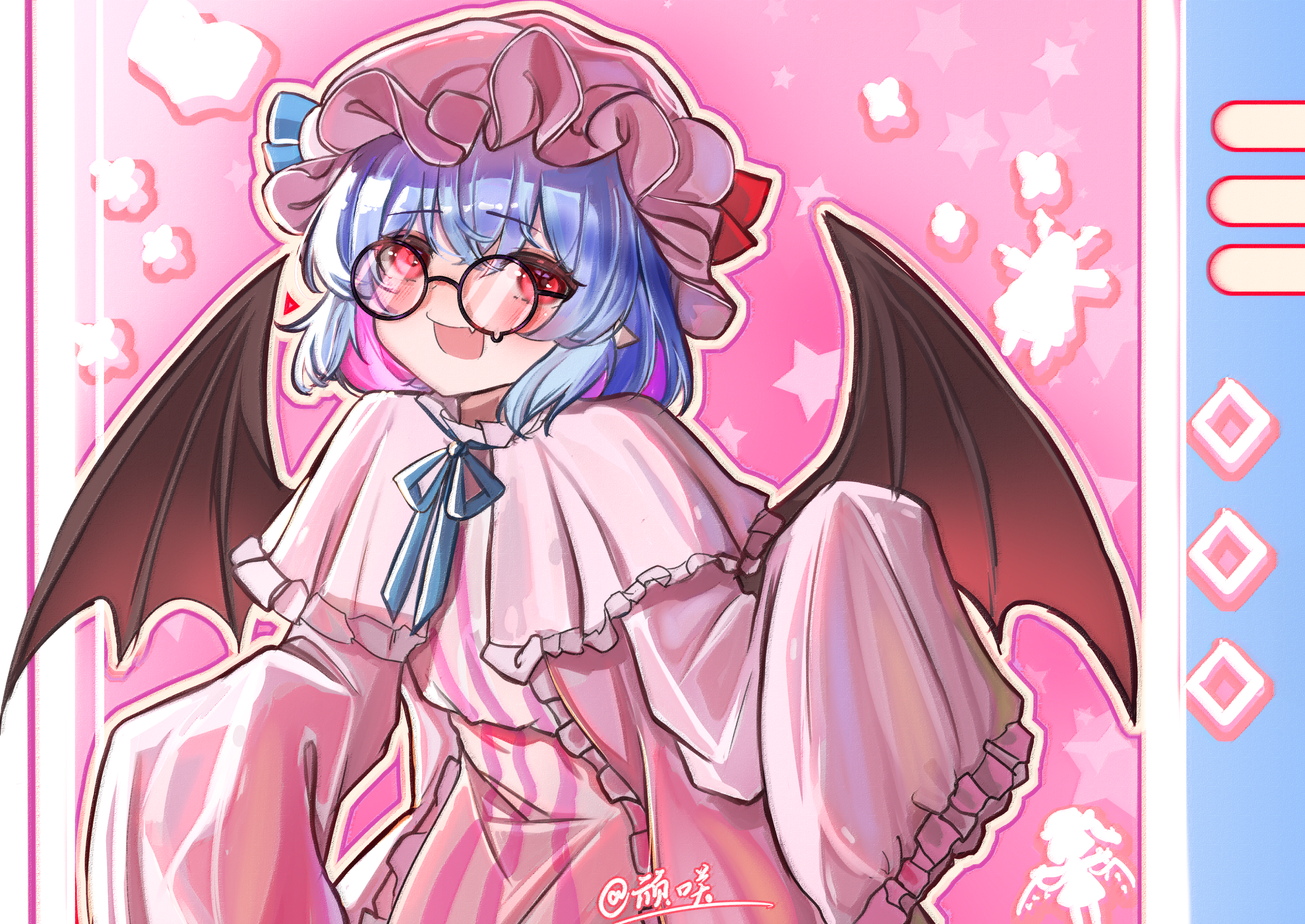2091966, patchouli knowledge, remilia scarlet, touhou, absurdres, commentary request, highres, 1girl, :d, aqua hair, aqua ribbon, bat wings, black-framed eyewear, blush, capelet, cosplay, crossed bangs, dress, fang, frilled capelet, frilled dress, frilled sleeves, frills, hands up, hat, hat ribbon, long sleeves, looking at viewer, mob cap, multicolored hair, neck ribbon, open mouth, patchouli knowledge (cosplay), pink capelet, pink dress, pink hair, pink hat, pointy ears, red eyes, red ribbon, ribbon, round eyewear, short hair, signature, skin fang, sleeves past wrists, smile, solo, star (symbol), striped clothes, striped dress, teardrop-framed glasses, two-tone hair, upper body, vertical-striped clothes, vertical-striped dress, wide sleeves, wings