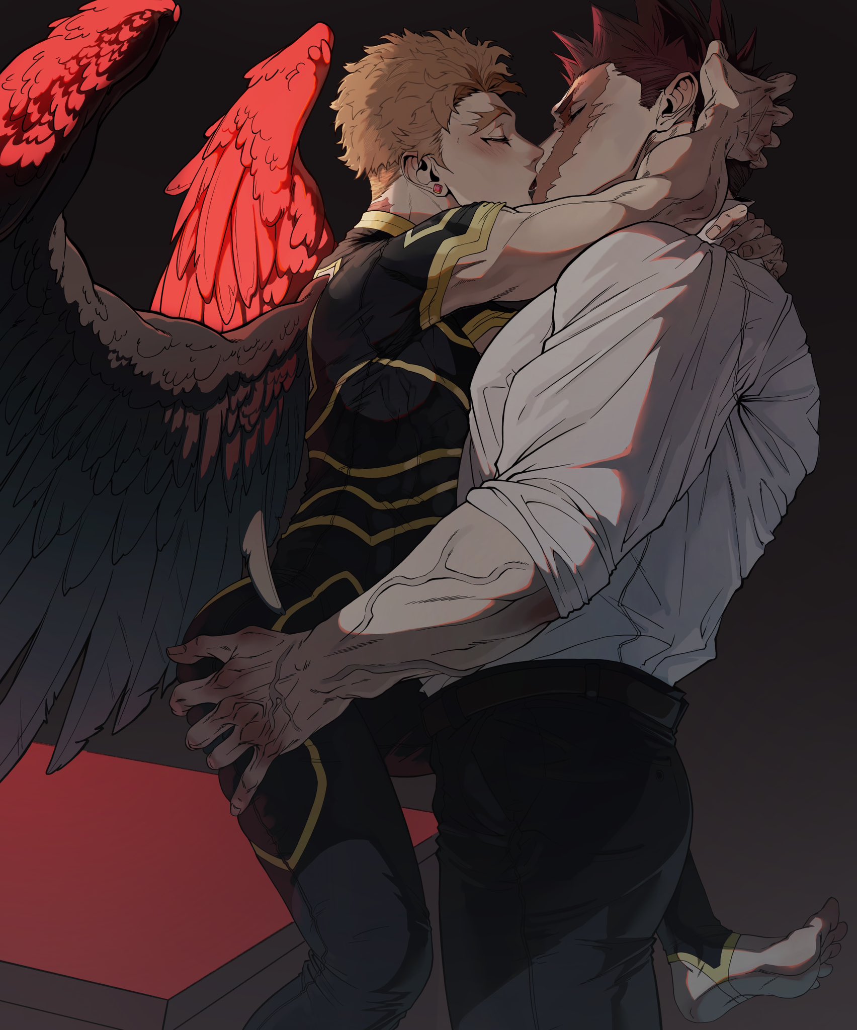 endeavor (boku no hero academia), hawks (boku no hero academia), boku no hero academia, commentary, highres, 2boys, belt, black pants, blonde hair, brown belt, closed eyes, earrings, feathered wings, french kiss, from side, hand on another's head, jewelry, kiss, male focus, mature male, multiple boys, muscular, muscular male, pants, red hair, red wings, ruuhlid, scar, scar across eye, scar on face, shirt, shirt tucked in, sideburns, size difference, sleeves pushed up, spread wings, toeless legwear, veins, veiny arms, white shirt, wings, yaoi