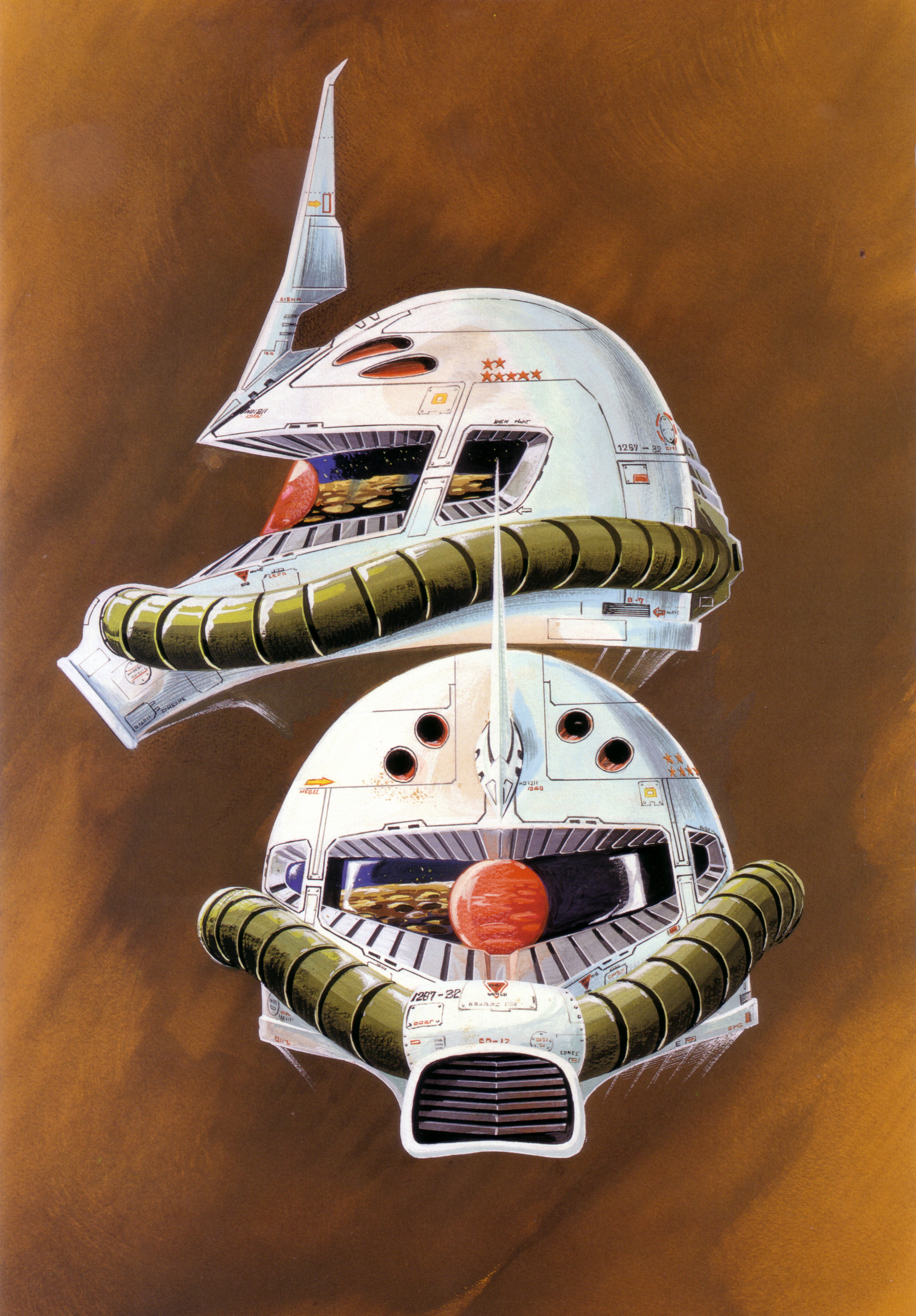 ookawara kunio, gouf, gundam, mobile suit gundam, absurdres, concept art, highres, painting (medium), scan, traditional media, 1970s (style), cable, crater, machinery, mecha, mecha focus, military rank insignia, mobile suit, moon, multiple views, no humans, oldschool, one-eyed, prototype design, radio antenna, red eyes, reflection, retro artstyle, robot, science fiction, space, zeon