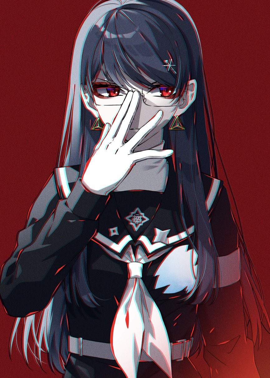 sgawarananto, shizuhara hiruko, the hundred line -last defense academy-, commentary request, highres, 1girl, adjusting eyewear, armband, belt, black hair, black shirt, chromatic aberration, earrings, eyelashes, eyeliner, film grain, glasses, gloves, hair ornament, hairclip, jewelry, last defense academy school uniform, long hair, long sleeves, makeup, neckerchief, pale skin, rectangular eyewear, red background, red eyeliner, red eyes, sailor collar, sailor shirt, school uniform, semi-rimless eyewear, shirt, simple background, solo, triangle earrings, turtleneck, upper body, white armband, white belt, white gloves, white neckerchief