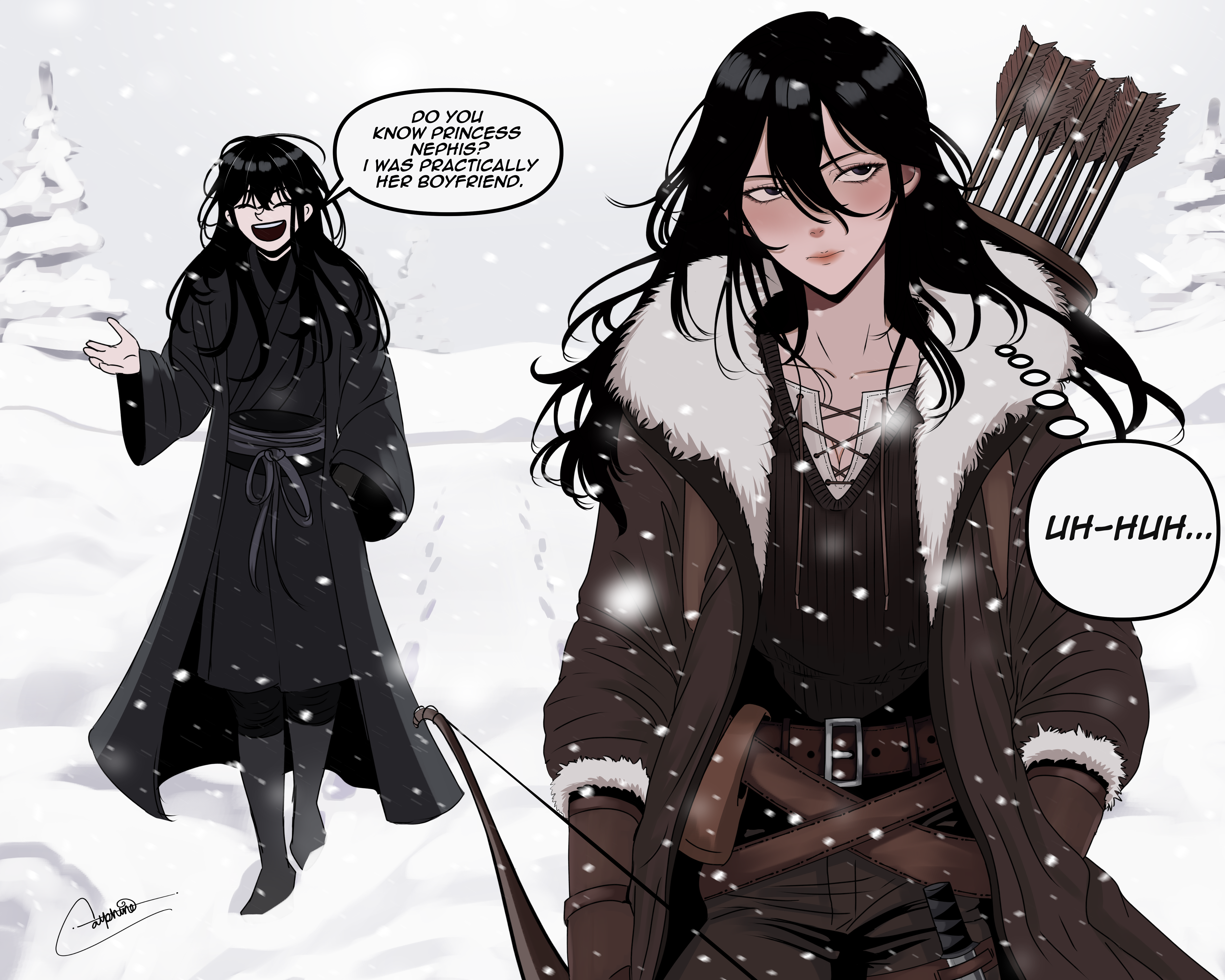 rain (shadow slave), sunny (shadow slave), shadow slave, absurdres, commentary, english commentary, highres, 1boy, 1girl, belt, black hair, black robe, brother and sister, brown gloves, brown tunic, catphine, collared shirt, english text, footprints, fur collar, gloves, hair between eyes, hand in pocket, hand up, head tilt, long hair, outdoors, quiver, robe, rope belt, shirt, siblings, snow, snowing, speech bubble, talking, thought bubble, tree, tunic, walking, white shirt