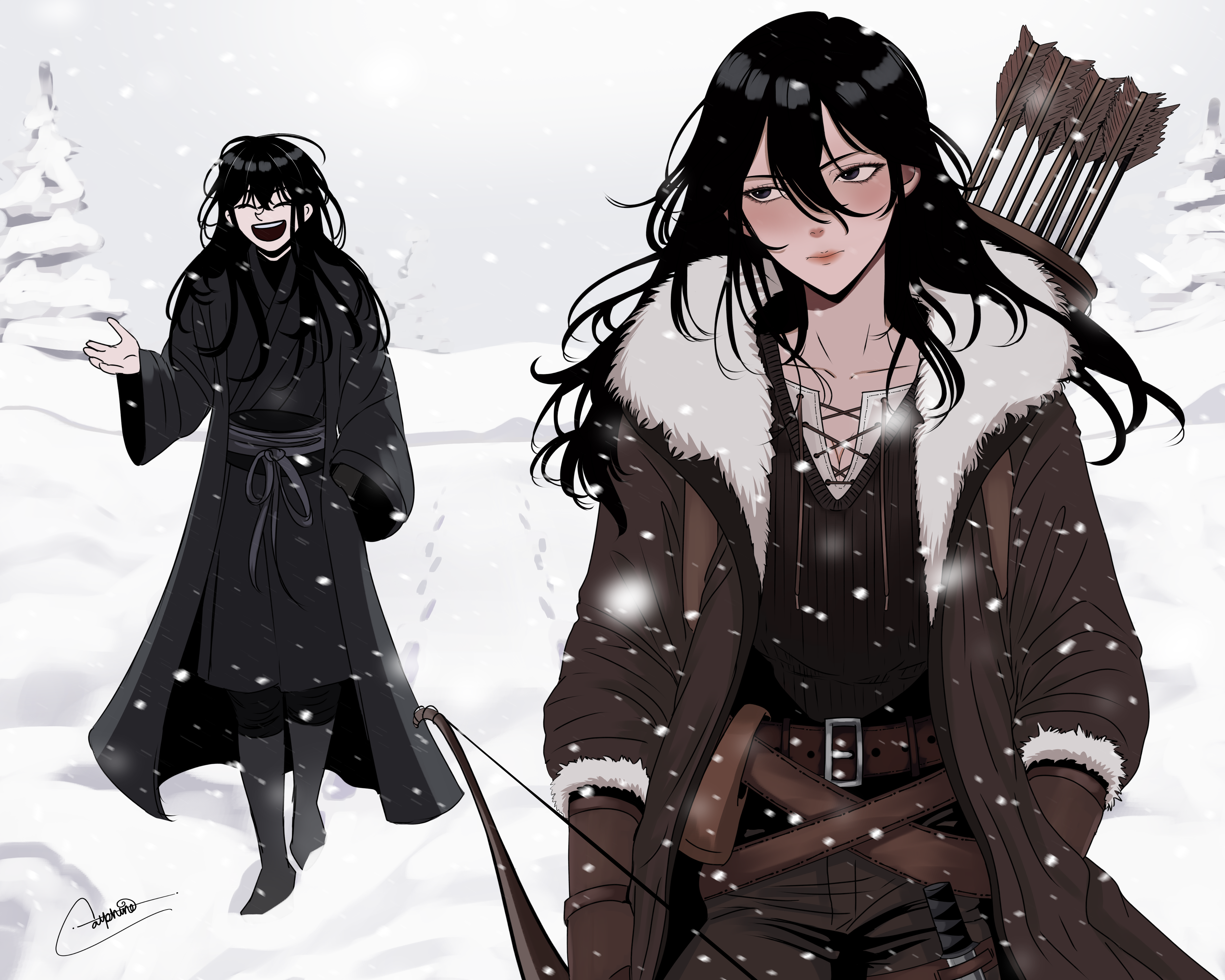 rain (shadow slave), sunny (shadow slave), shadow slave, absurdres, commentary, english commentary, highres, 1boy, 1girl, belt, black hair, black robe, brother and sister, brown gloves, brown tunic, catphine, collared shirt, footprints, fur collar, gloves, hair between eyes, hand in pocket, hand up, head tilt, long hair, outdoors, quiver, robe, rope belt, shirt, siblings, snow, snowing, talking, tree, tunic, walking, white shirt