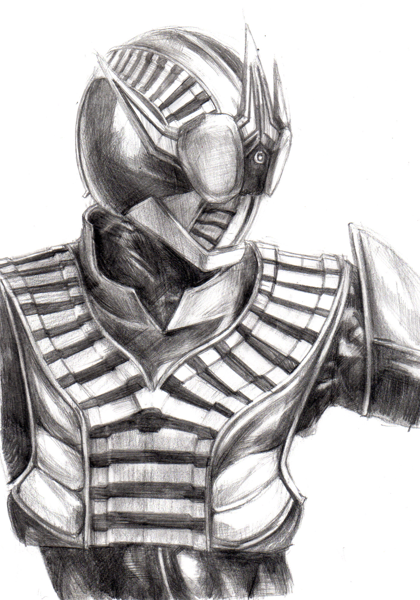 sakigaki, kamen rider zeronos, kamen rider, kamen rider den-o (series), highres, traditional media, greyscale, male focus, monochrome, solo
