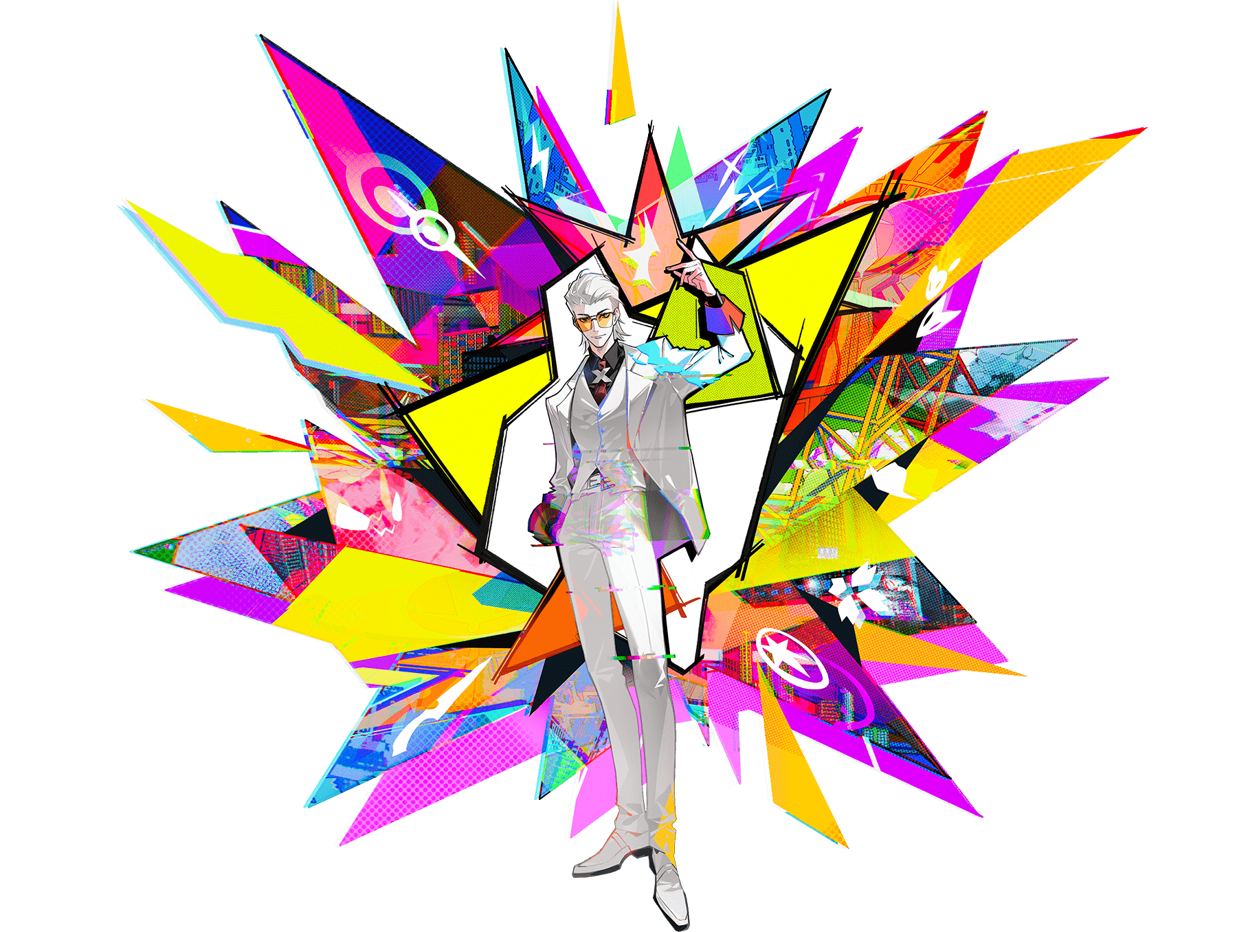 sd2190392804, x (to be hero x), to be hero, to be hero x, commentary, english commentary, highres, official art, 1boy, abstract background, black shirt, chromatic aberration, collared shirt, contrapposto, distortion, explosion, formal clothes, full body, glitch, hair slicked back, hand in pocket, hand up, head tilt, jacket, looking at viewer, male focus, mullet, necktie, open clothes, open jacket, red necktie, shirt, smirk, smug, snapping fingers, solo, suit, sunglasses, tinted eyewear, transparent background, vest, white hair, white jacket, white suit, white vest, x (symbol), x ornament, yellow-tinted eyewear