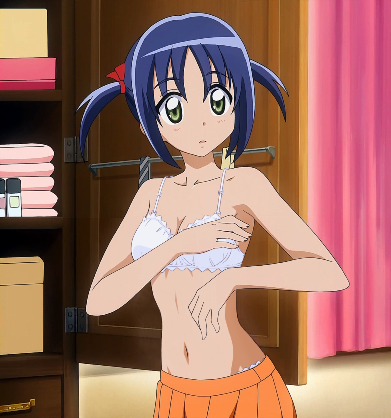 nishizawa ayumu, hayate no gotoku!, anime screenshot, highres, stitched, third-party edit, 00s, blue hair, bra, green eyes, lingerie, solo, twintails, underwear, undressing