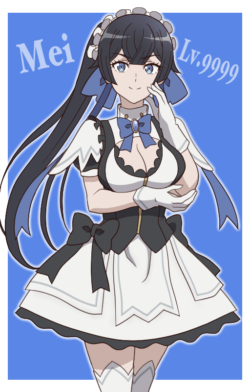 onomekaman, mei (mugen gacha), mugen gacha, commentary request, 1girl, arm rest, black bow, black hair, blue background, blue bow, blue bowtie, blue eyes, blue gemstone, blunt bangs, blunt ends, border, bow, bowtie, breasts, character name, cleavage cutout, closed mouth, clothing cutout, dress, dress bow, elbow rest, frilled dress, frills, gem, gloves, hair bow, hand on own cheek, hand on own face, large breasts, long hair, looking at viewer, maid, maid headdress, outside border, ponytail, puffy short sleeves, puffy sleeves, short sleeves, sidelocks, simple background, smile, solo, thighhighs, white border, white dress, white gloves, white thighhighs
